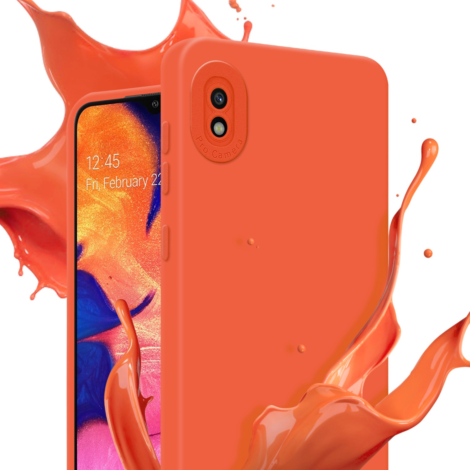 Custodia per telefono arancione con fotocamere, schizzo di vernice arancione e uno schermo del telefono.