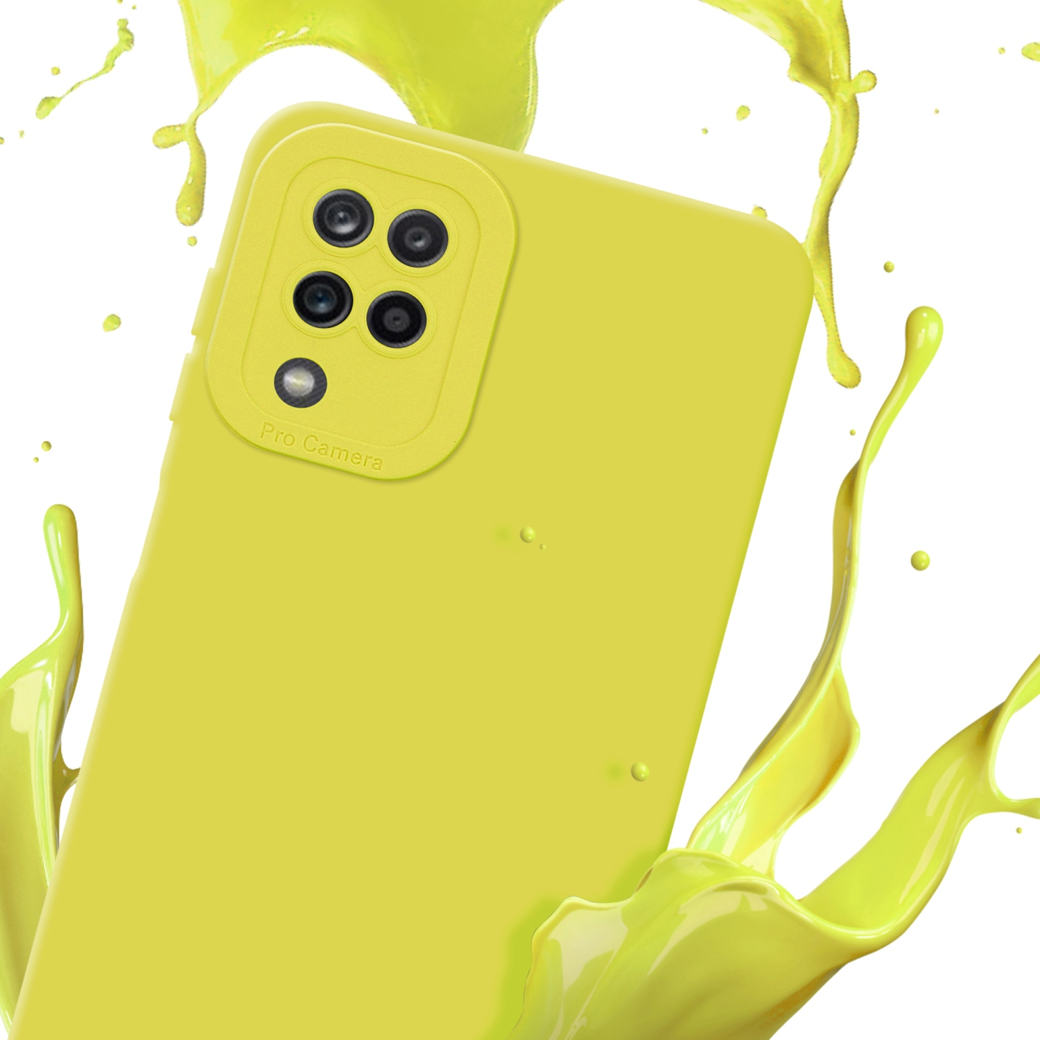 Custodia per telefono gialla con modulo fotocamera, spruzzo giallo su sfondo bianco.