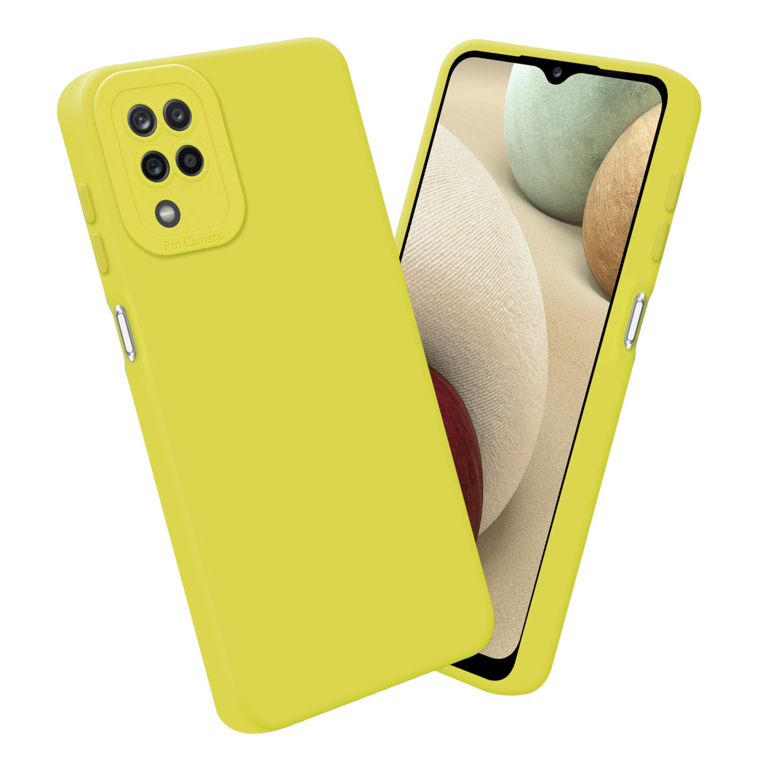 Custodia gialla per telefono con schermo che mostra un display del telefono.