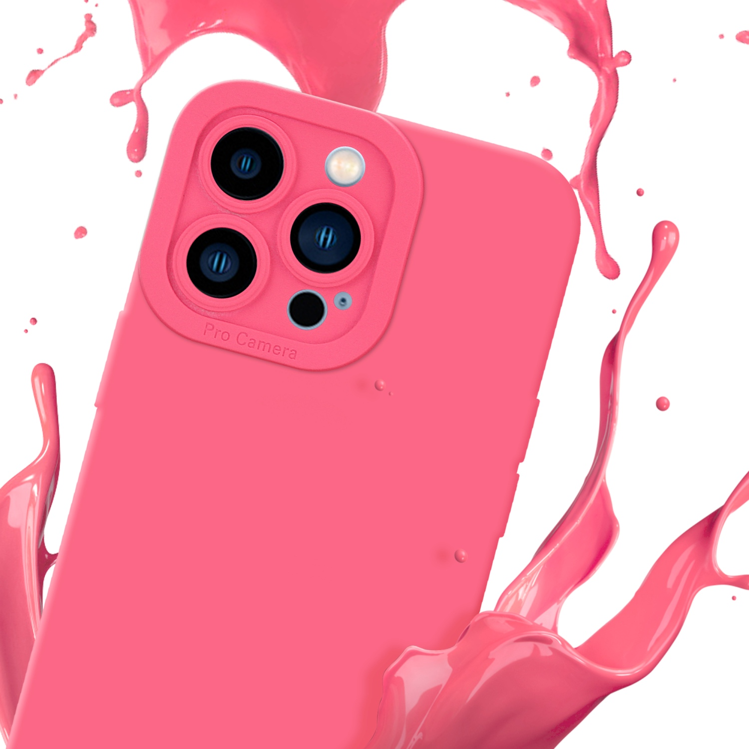 Una custodia rosa con schizzi di vernice rosa. La custodia ha più lenti della fotocamera.