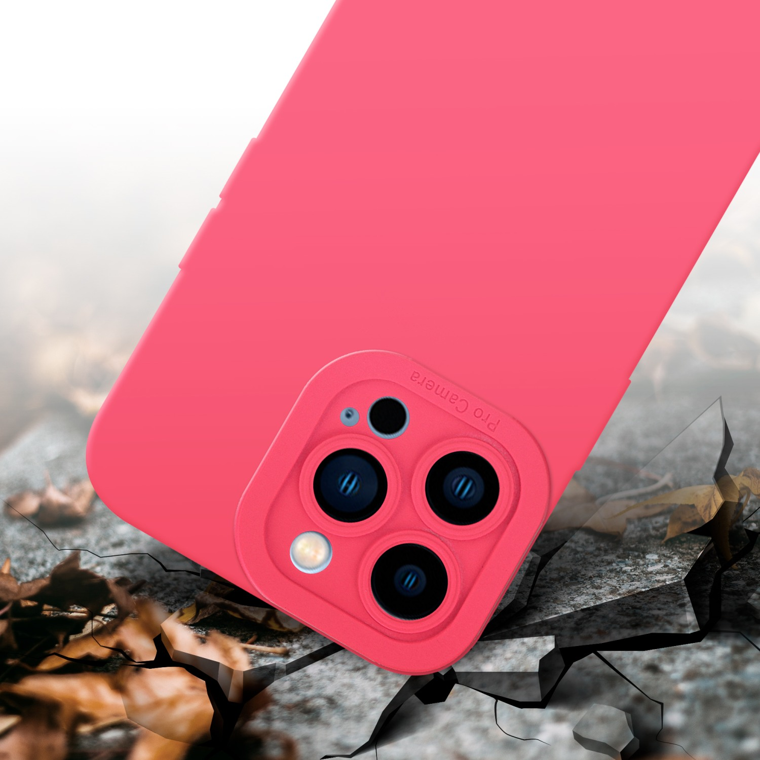 Custodia rosa per telefono con effetto suolo crepato.