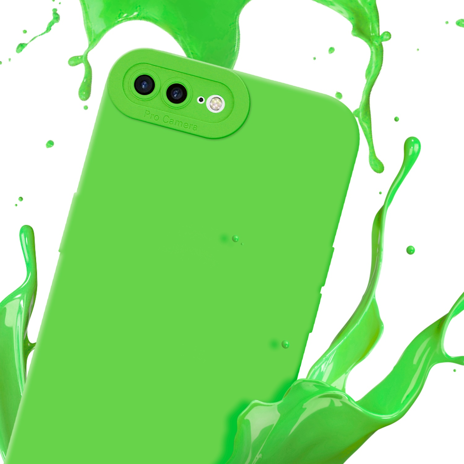 Custodia verde per telefono con fotocamera, spruzzata di liquido verde su sfondo bianco.