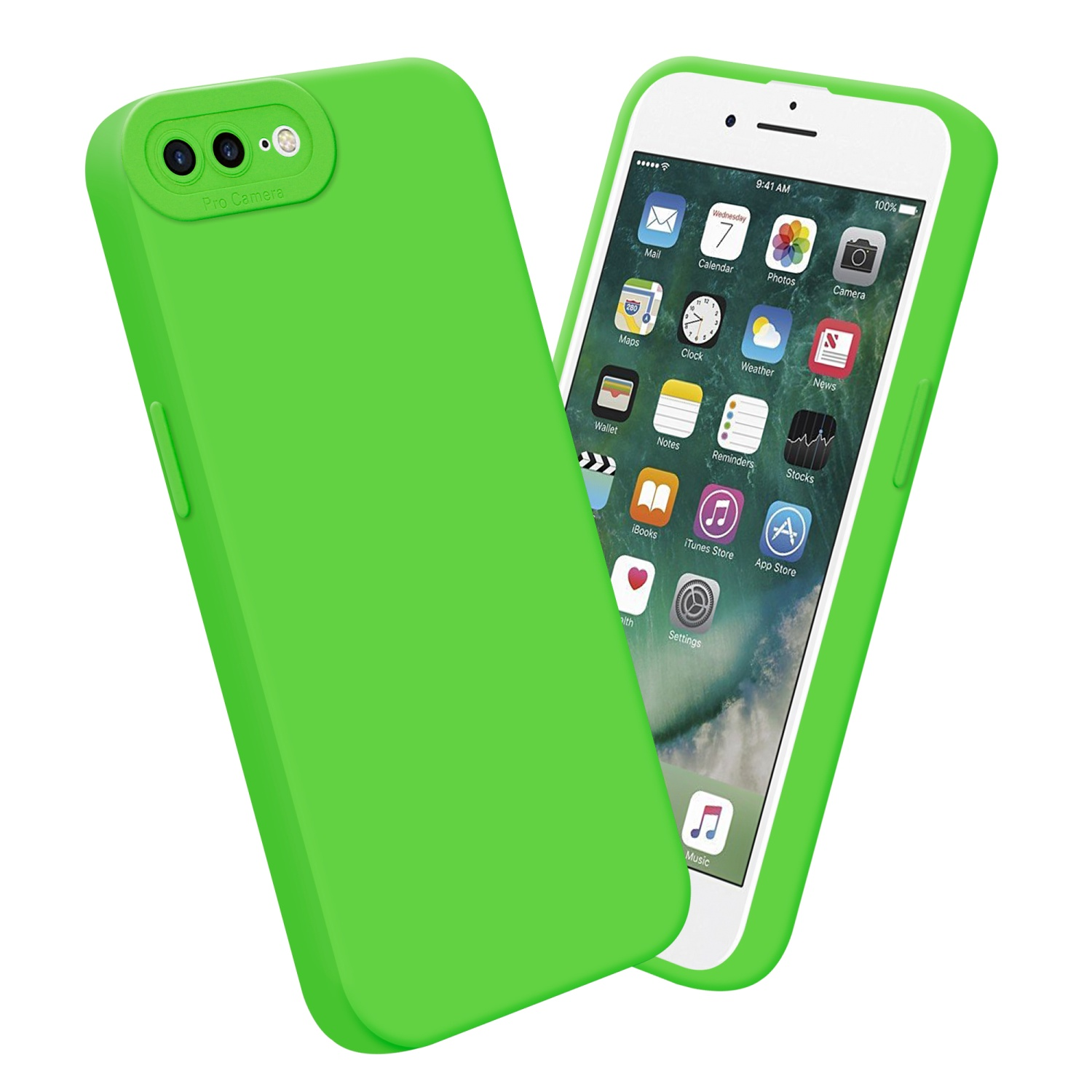 Custodia verde per telefono con un telefono. Lo schermo del telefono mostra le icone delle app.
