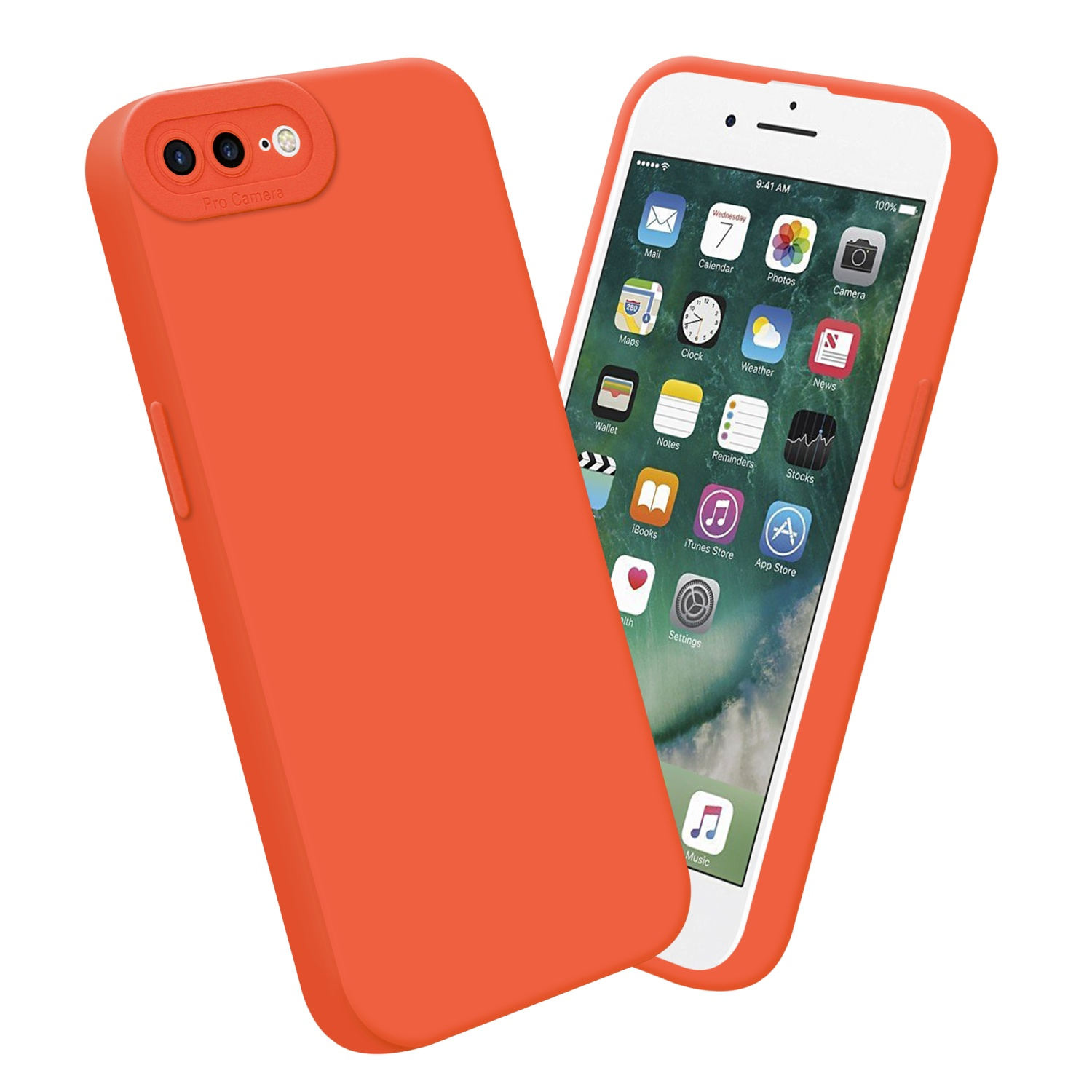 Custodia arancione con smartphone. Telefono mostra icone app.