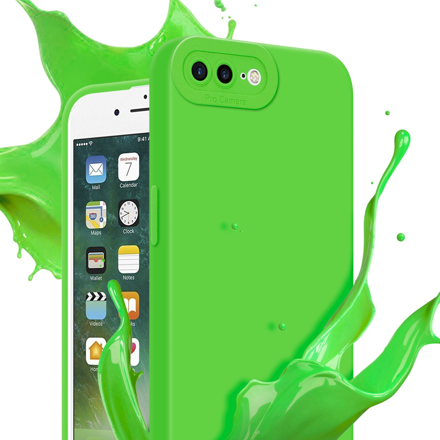 Custodia verde su un telefono, schizzo di vernice verde. Sfondo bianco.