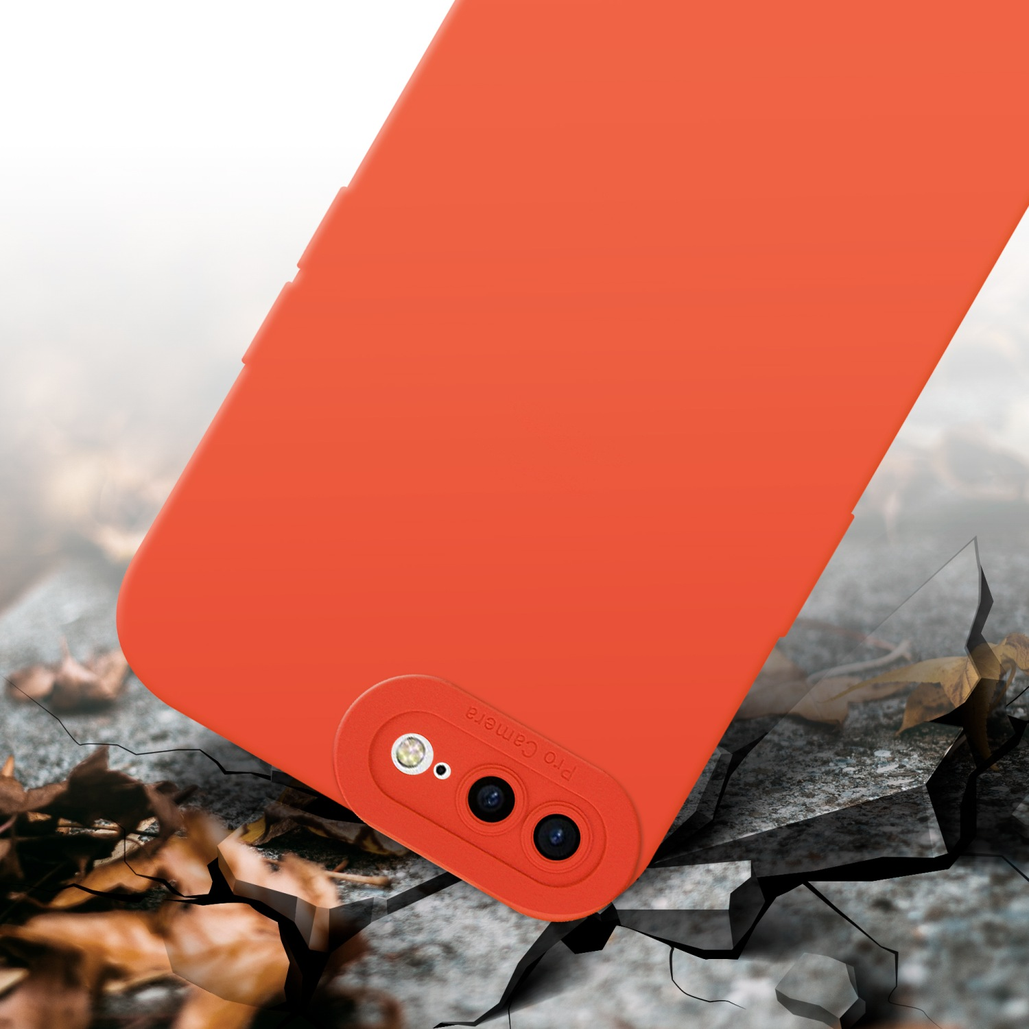 Custodia arancione per telefono con sfondo di pietra incrinata.