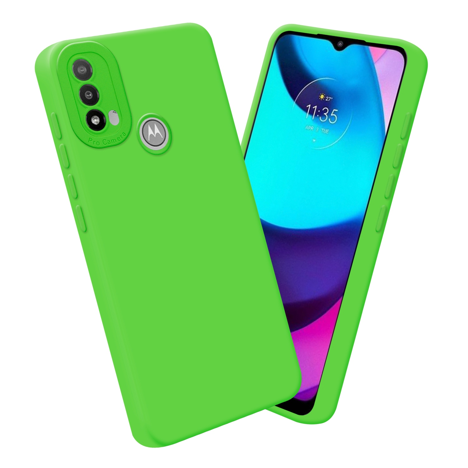 Custodia verde per telefono e telefono con schermo visibile. Sfondo bianco.