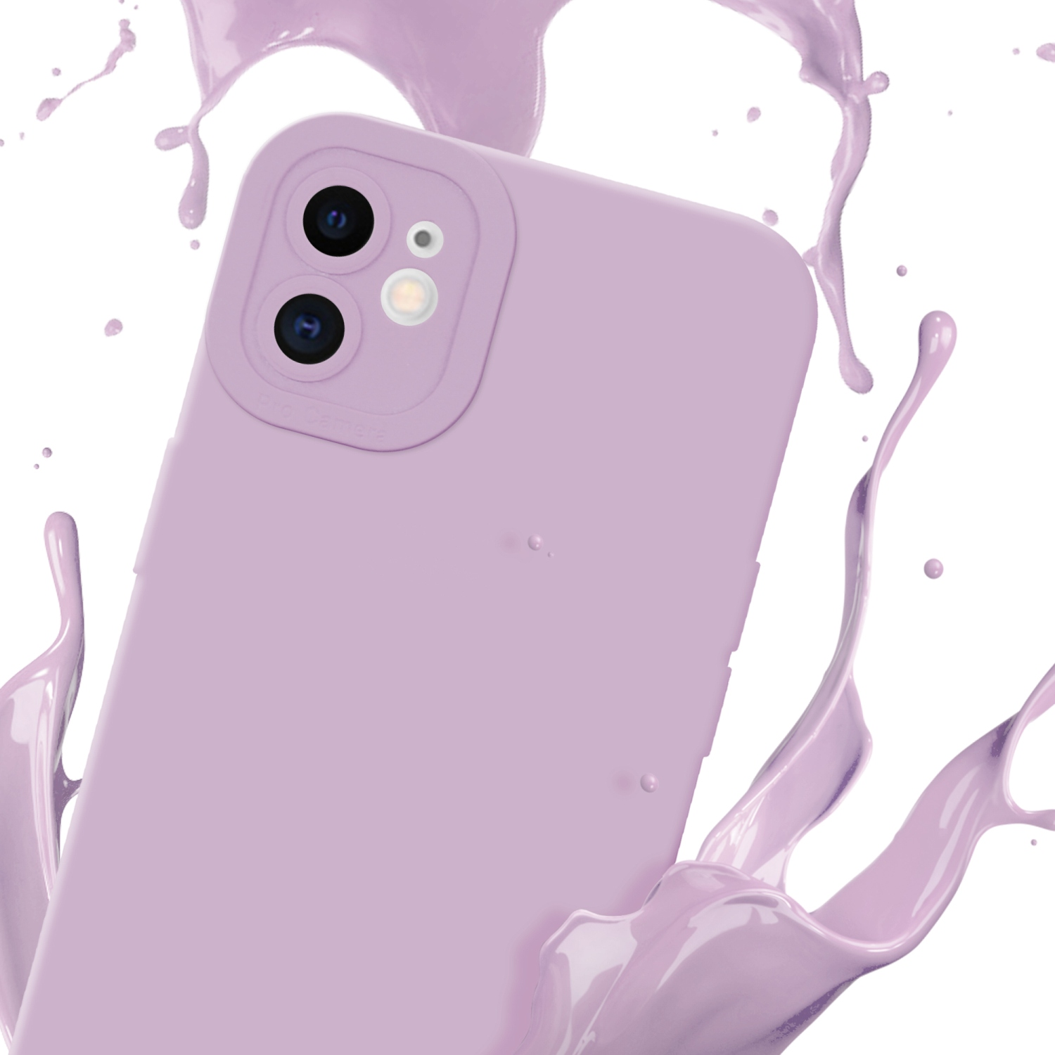 Custodia viola. Spruzzo di vernice viola sullo sfondo. Dettagli modulo fotocamera.