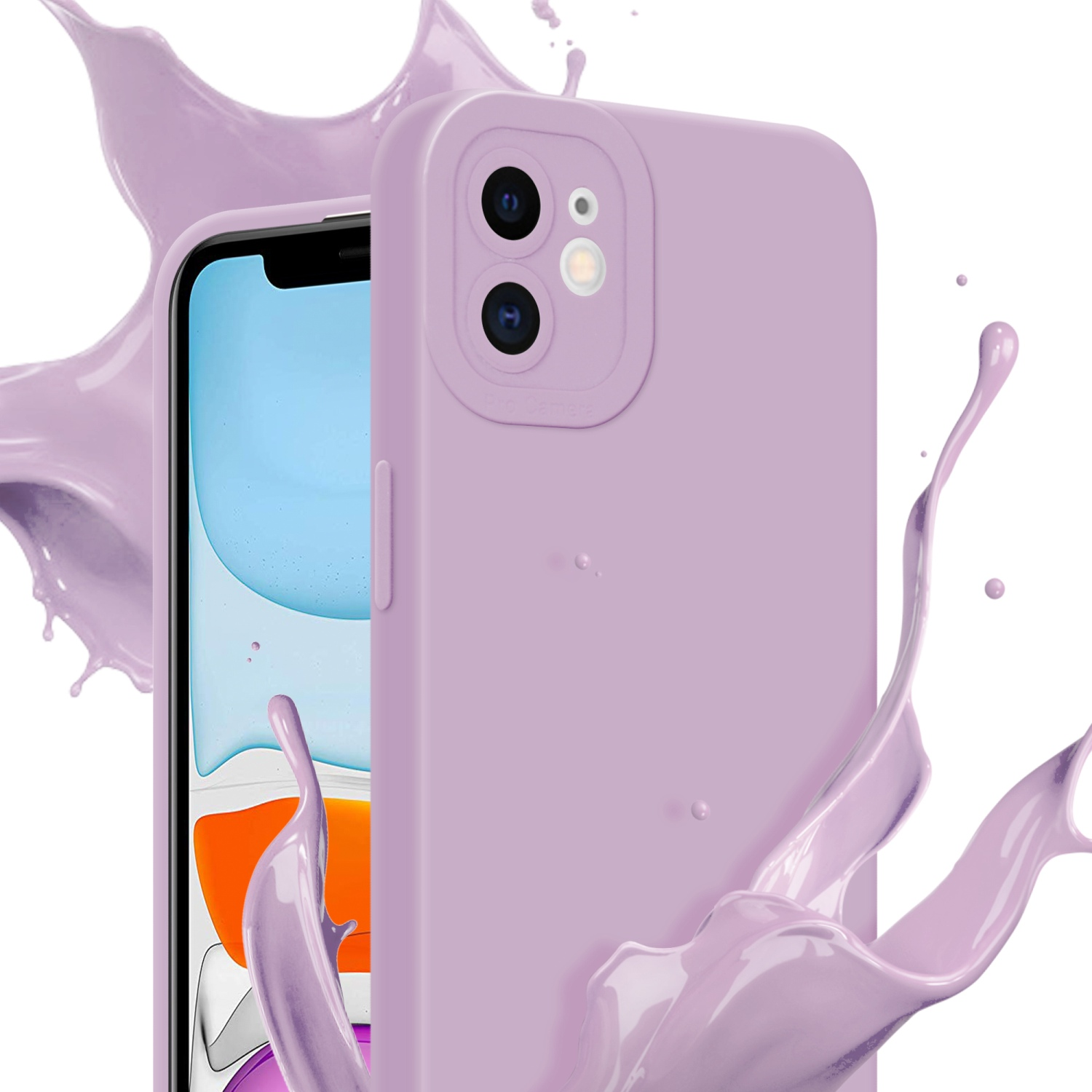 Custodia viola per telefono con due lenti della fotocamera, con effetto schizzo di vernice viola.