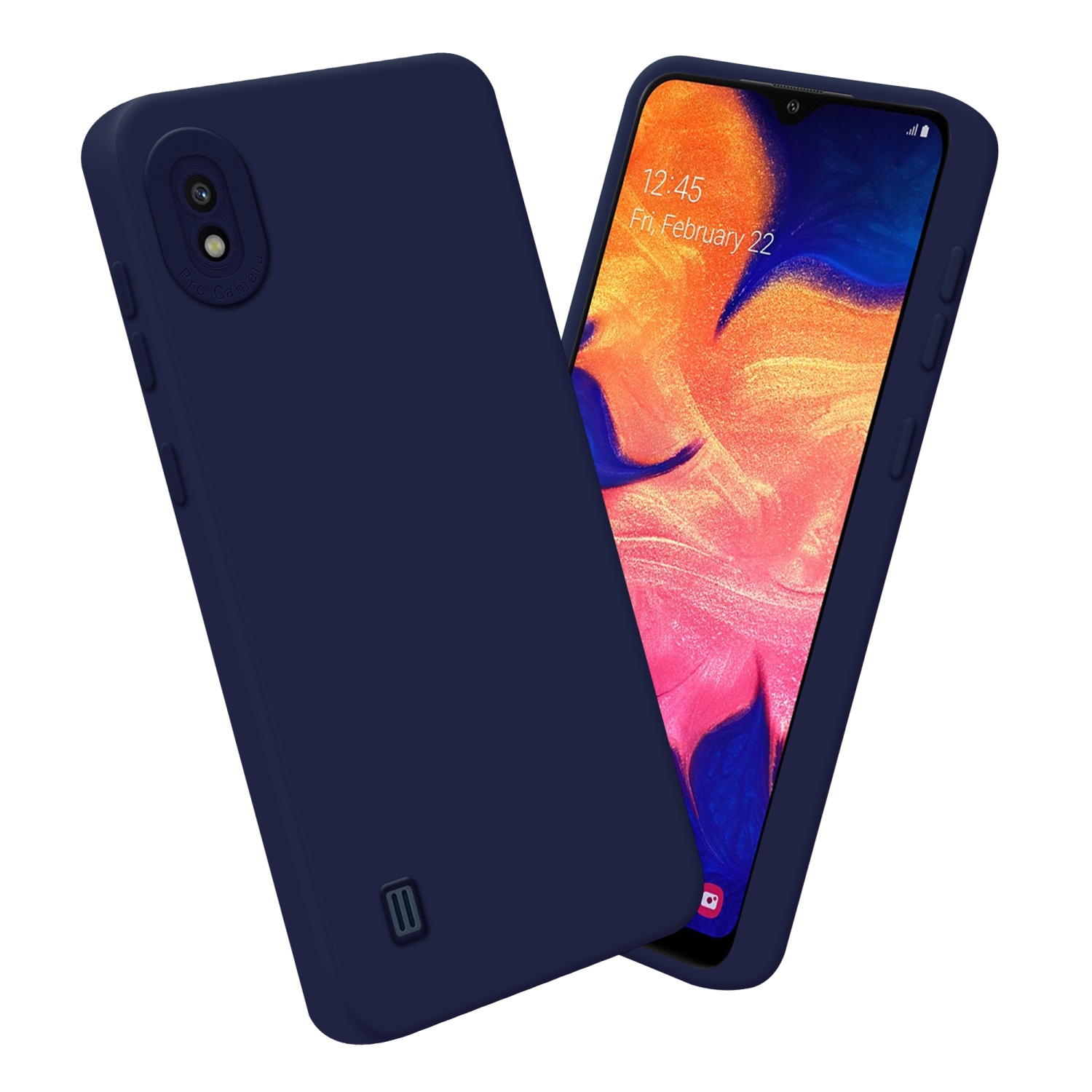 Custodia blu navy e telefono. Il telefono mostra ora e data.