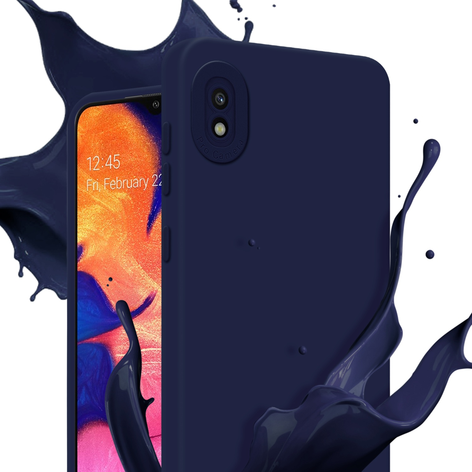 Custodia blu scuro per telefono con schermo, schizzo di vernice. Orario 12:45 del 22 febbraio.