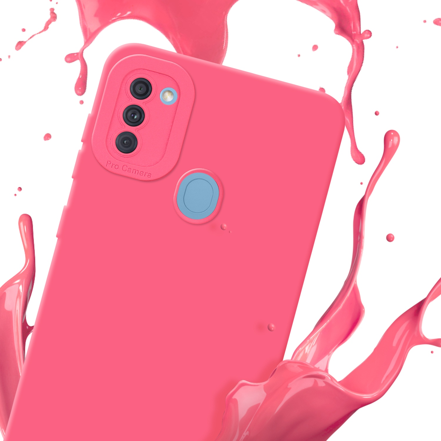 Una custodia per telefono rosa con lenti della fotocamera. Schizzi di liquido rosa su sfondo bianco.
