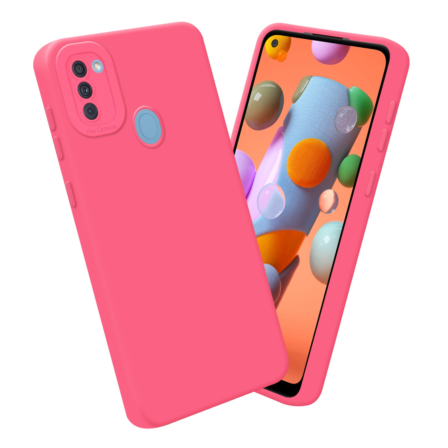 Custodia rosa accanto a un telefono con sfondo colorato e sfocato.
