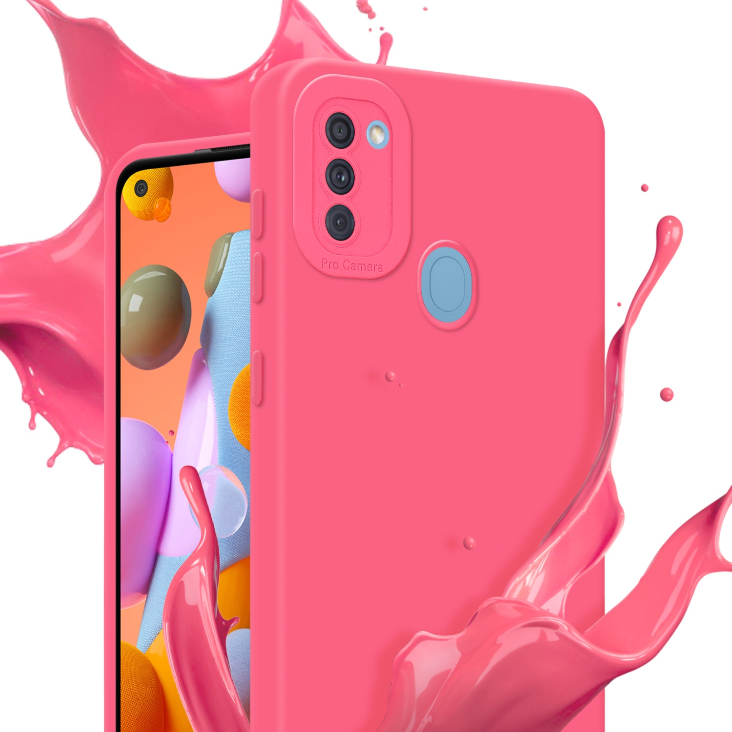 Custodia rosa con telefono all'interno, contro schizzo di vernice rosa. Sfondo bianco.