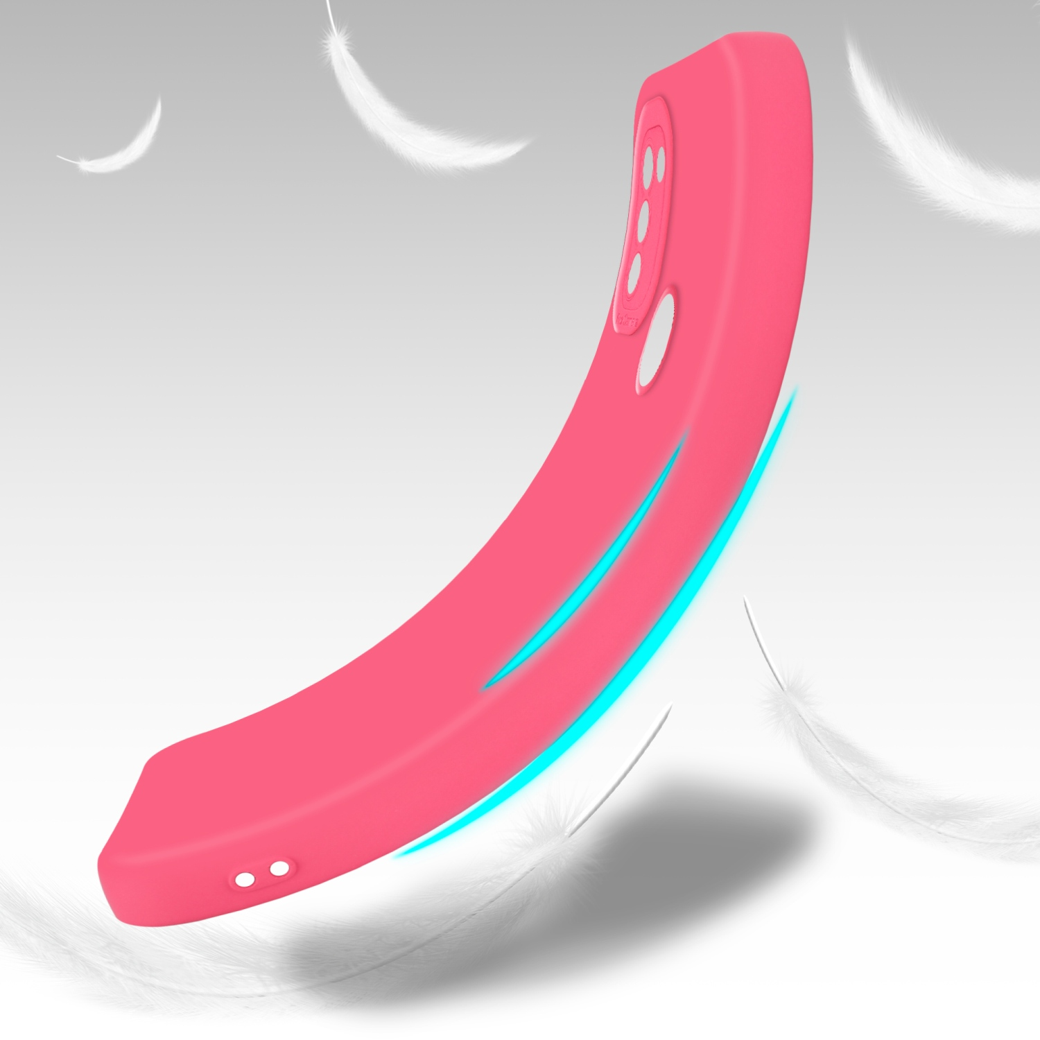 Una custodia rosa è curva, con una striscia blu. Piume bianche fluttuano sullo sfondo.