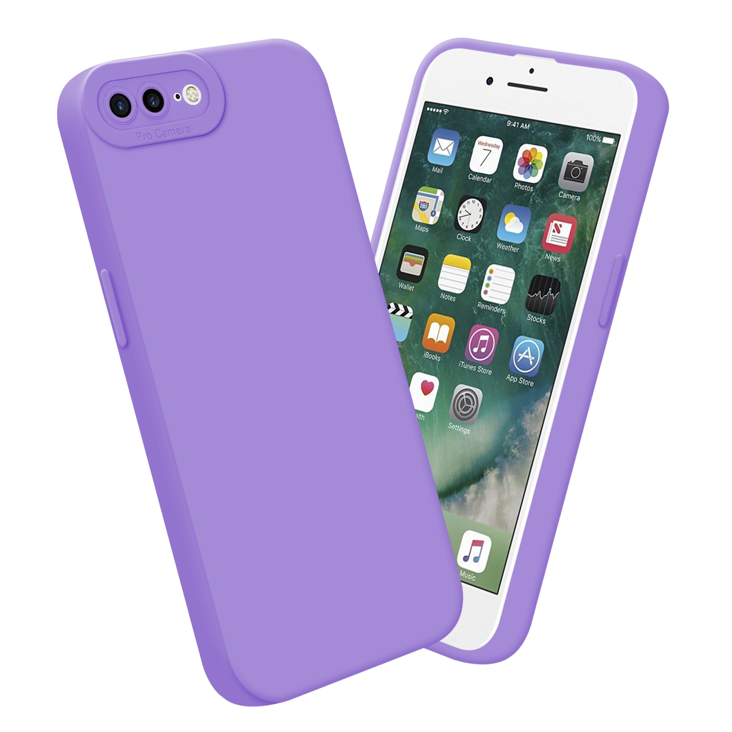 Due telefoni con custodie viola. Uno mostra la schermata iniziale, l'altro è liscio.
