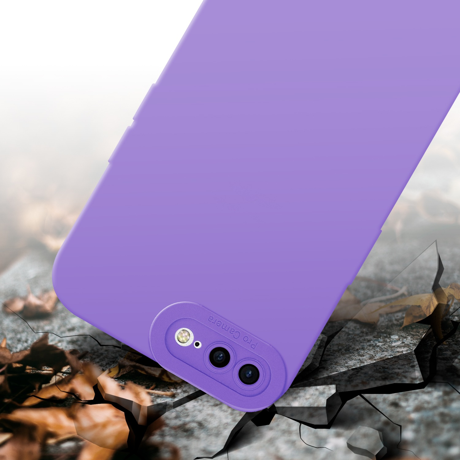 Custodia per telefono viola su terreno crepato. Sono visibili due fotocamere.