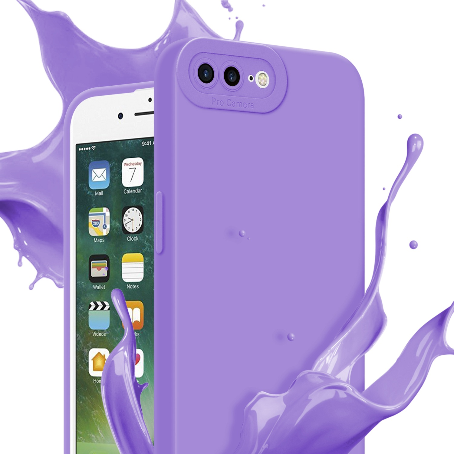 Custodia, telefono e schizzo viola. Il telefono mostra un'interfaccia di app.