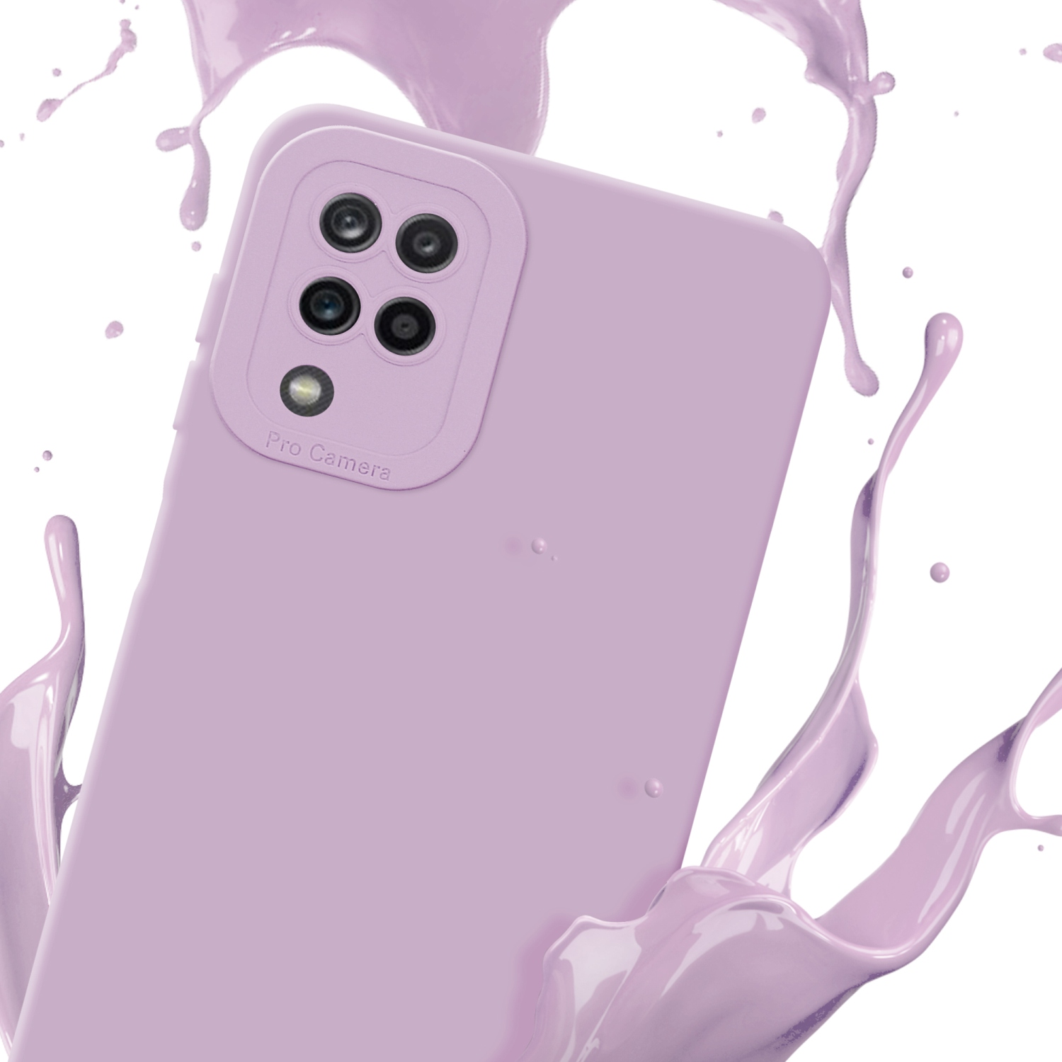 Custodia per telefono viola con fotocamere, schizzo di vernice viola e sfondo bianco.