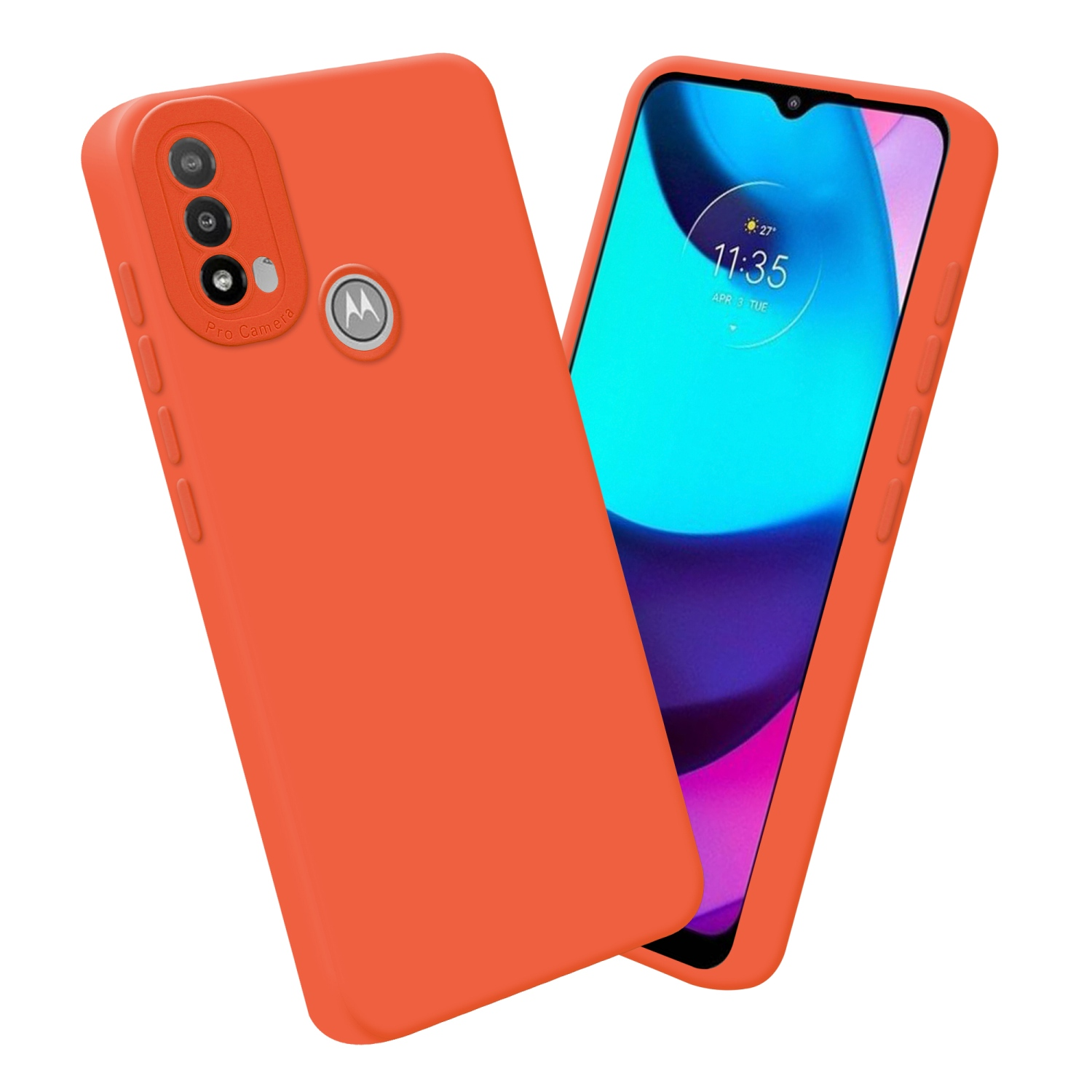 Custodia arancione per telefono con telefono. Lo schermo del telefono mostra uno sfondo astratto blu e arancione.