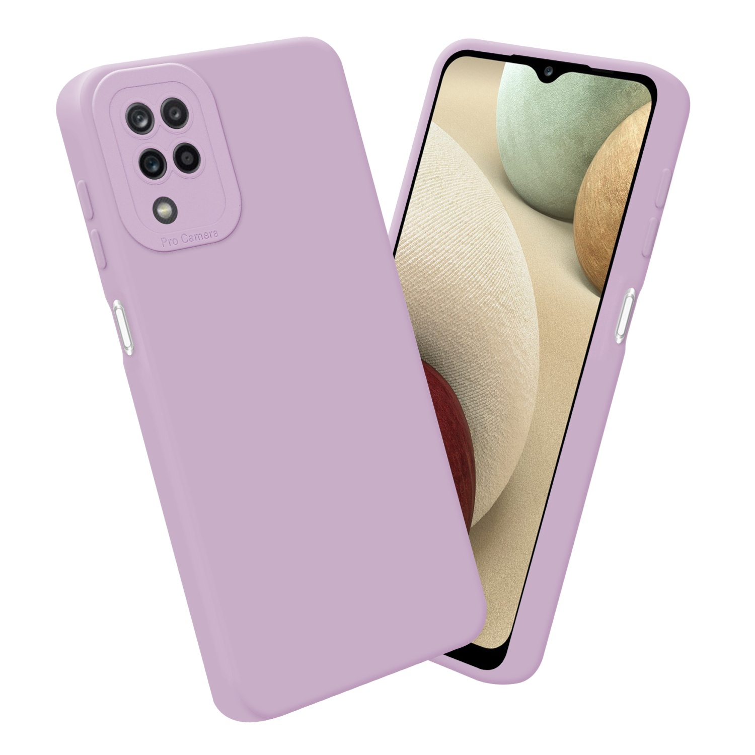 Una custodia per telefono color lavanda accanto a un telefono. Lo sfondo del telefono mostra un'immagine astratta.