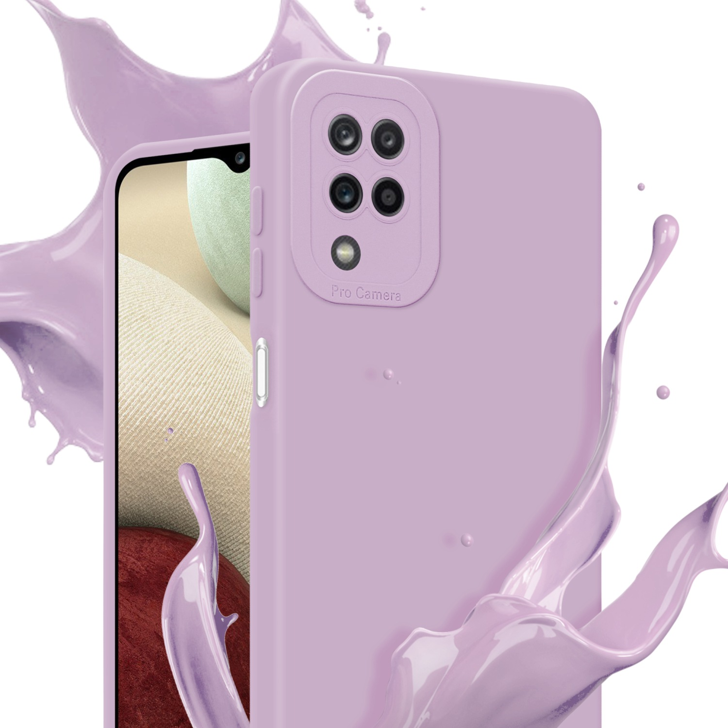 Custodia viola con effetto schizzo e schermo visibile.