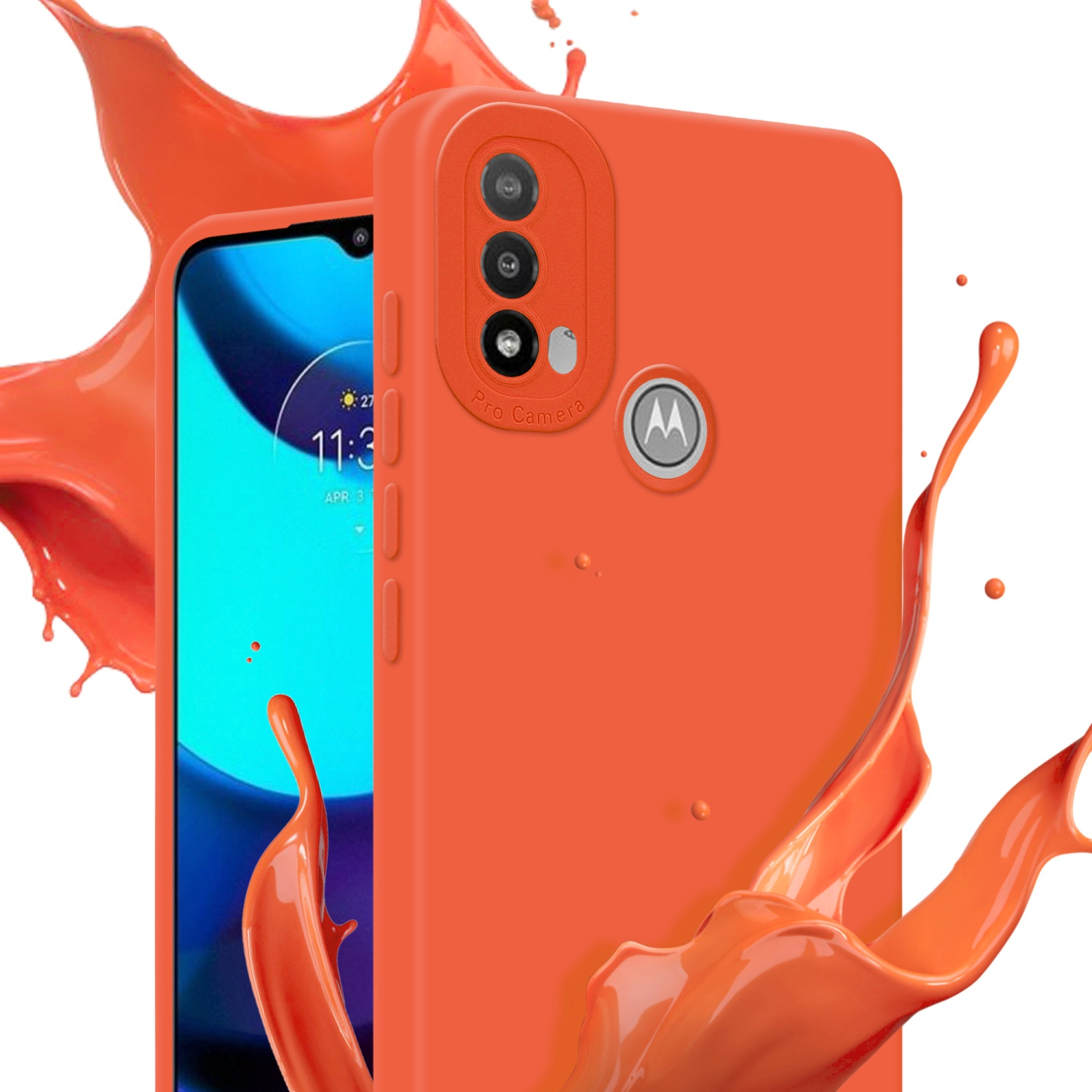 Custodia arancione con schermo del telefono, spruzzo arancione su sfondo bianco.