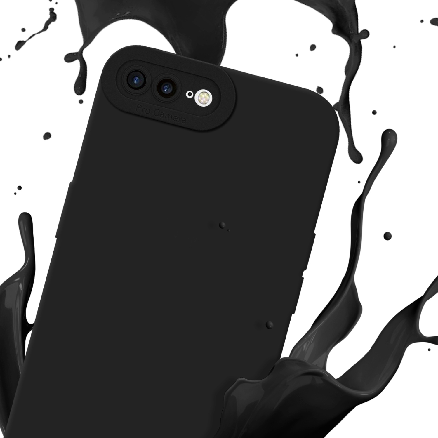 Una custodia nera con schermo del telefono e schizzi di vernice.