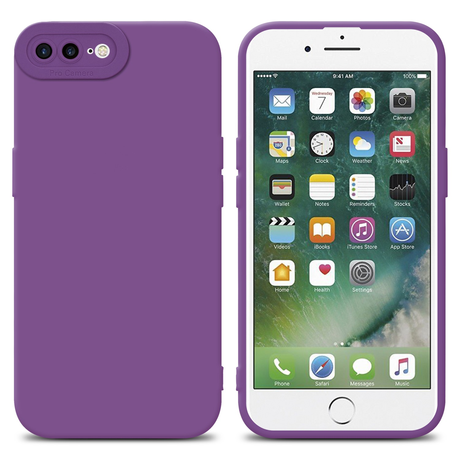 Una custodia per telefono viola accanto a un iPhone che mostra lo schermo.
