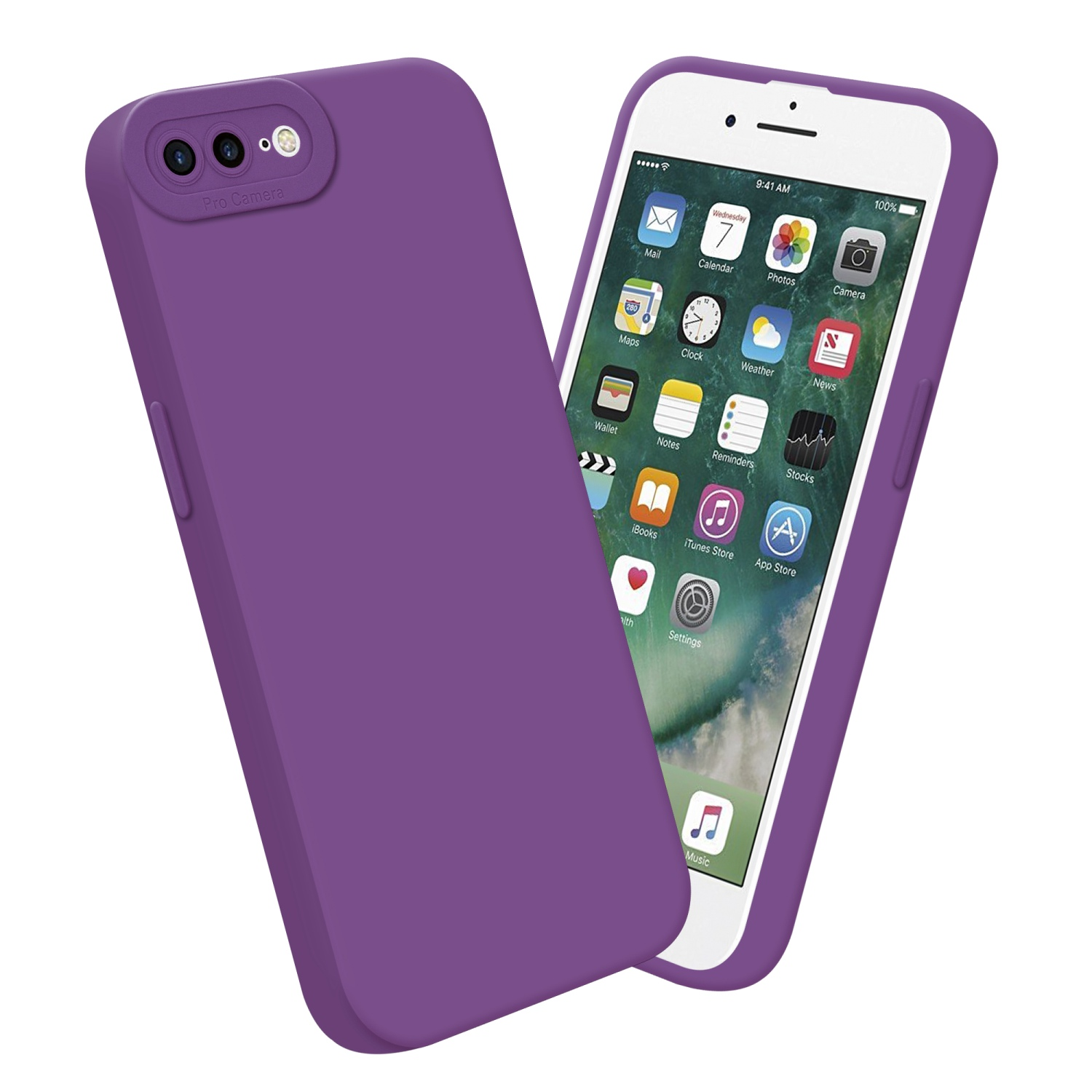 Una custodia per telefono viola e un telefono con schermo. Il telefono visualizza un'interfaccia dell'app. La custodia è angolata.