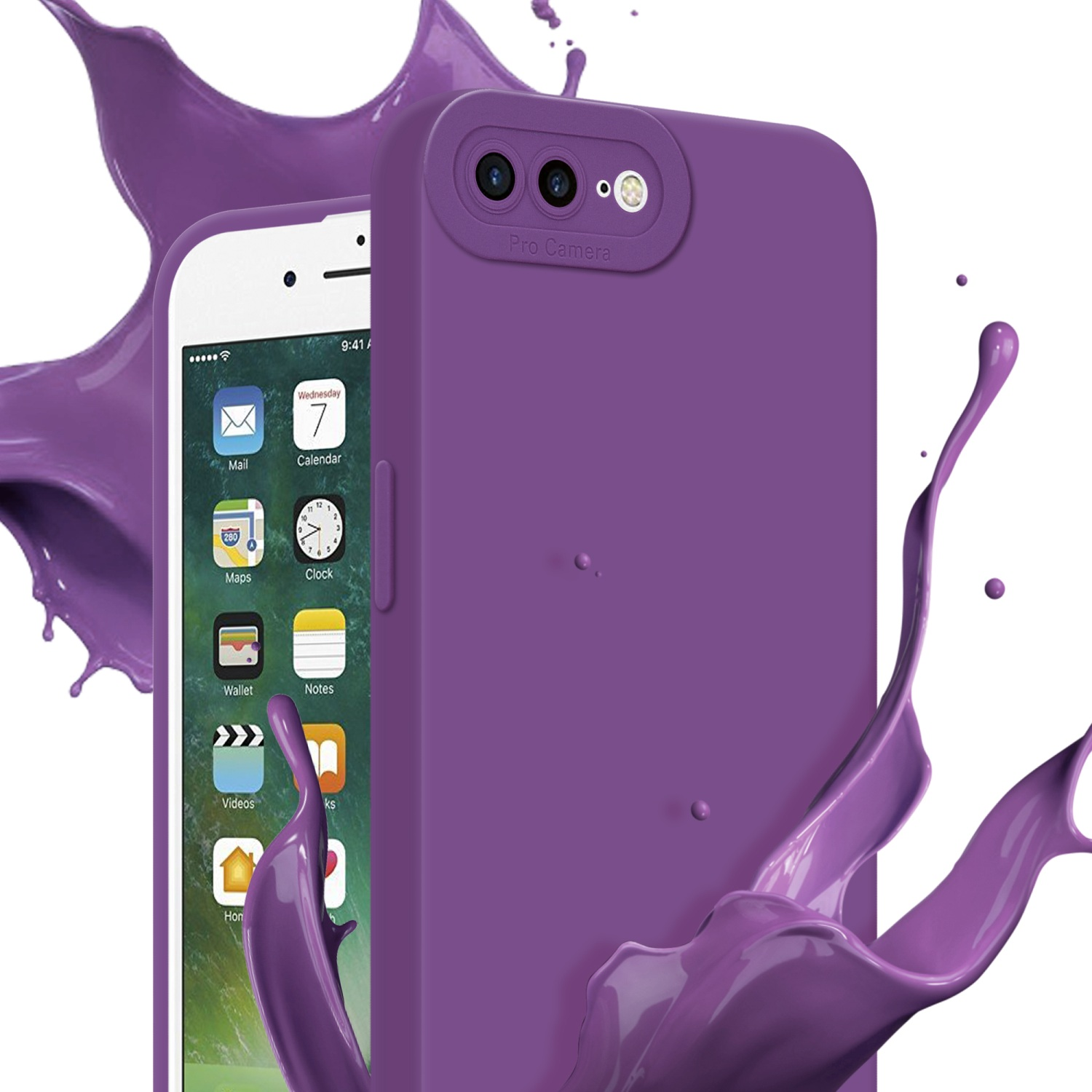 Custodia viola con due fotocamere spruzzata di vernice viola, e telefono.