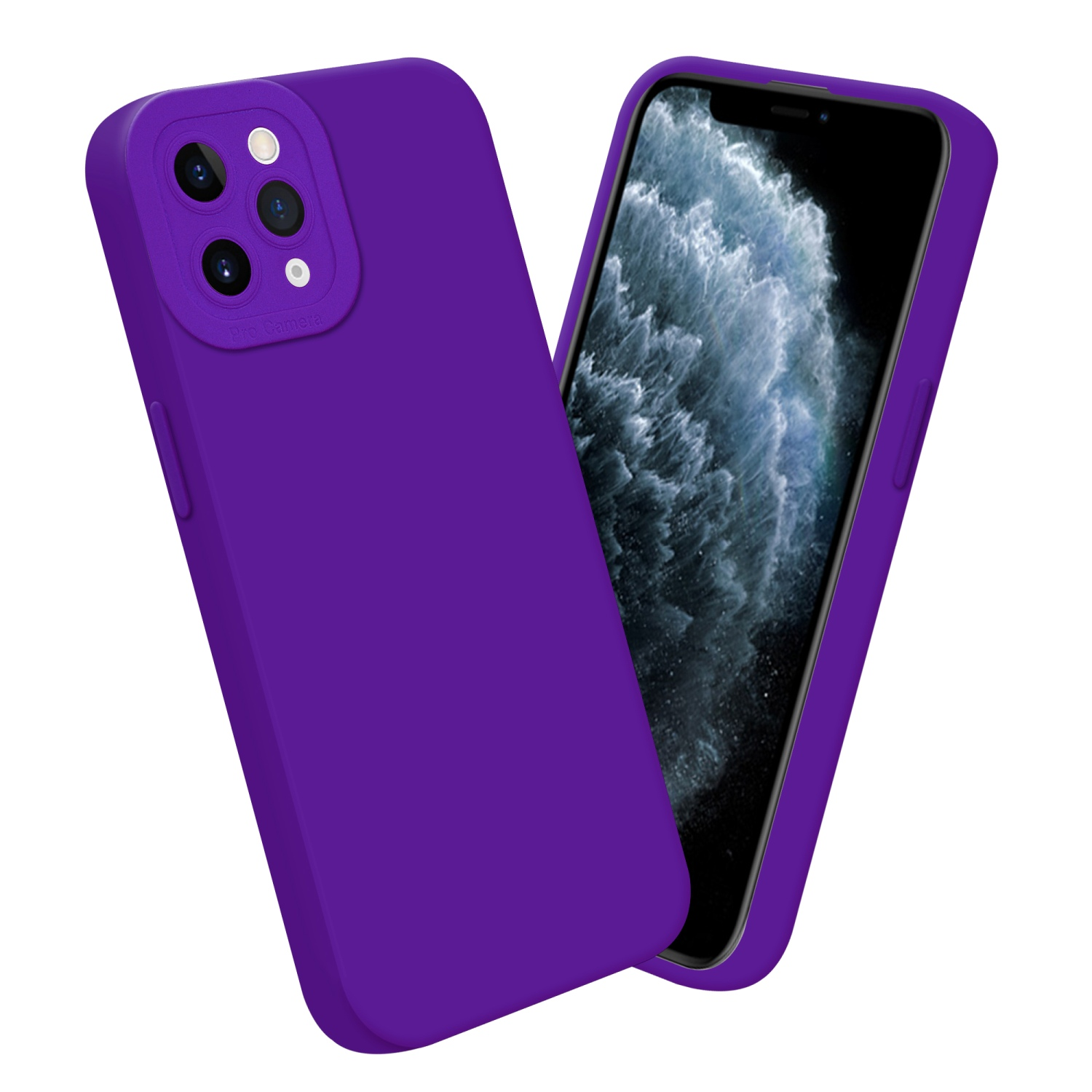 Custodia per telefono viola con schermo. Il telefono ha un rilievo della fotocamera. Schizzi di vernice viola sullo sfondo.
