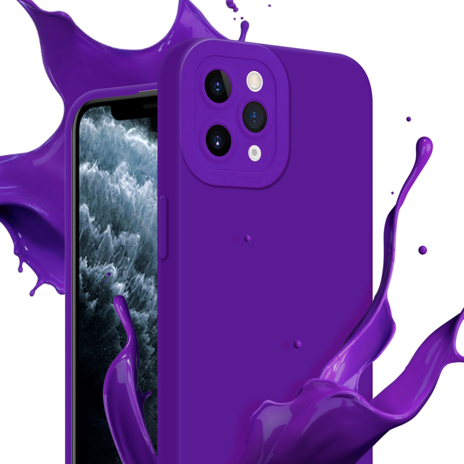 Custodia per telefono viola con schermo. Il telefono ha un rilievo della fotocamera. Schizzi di vernice viola sullo sfondo.