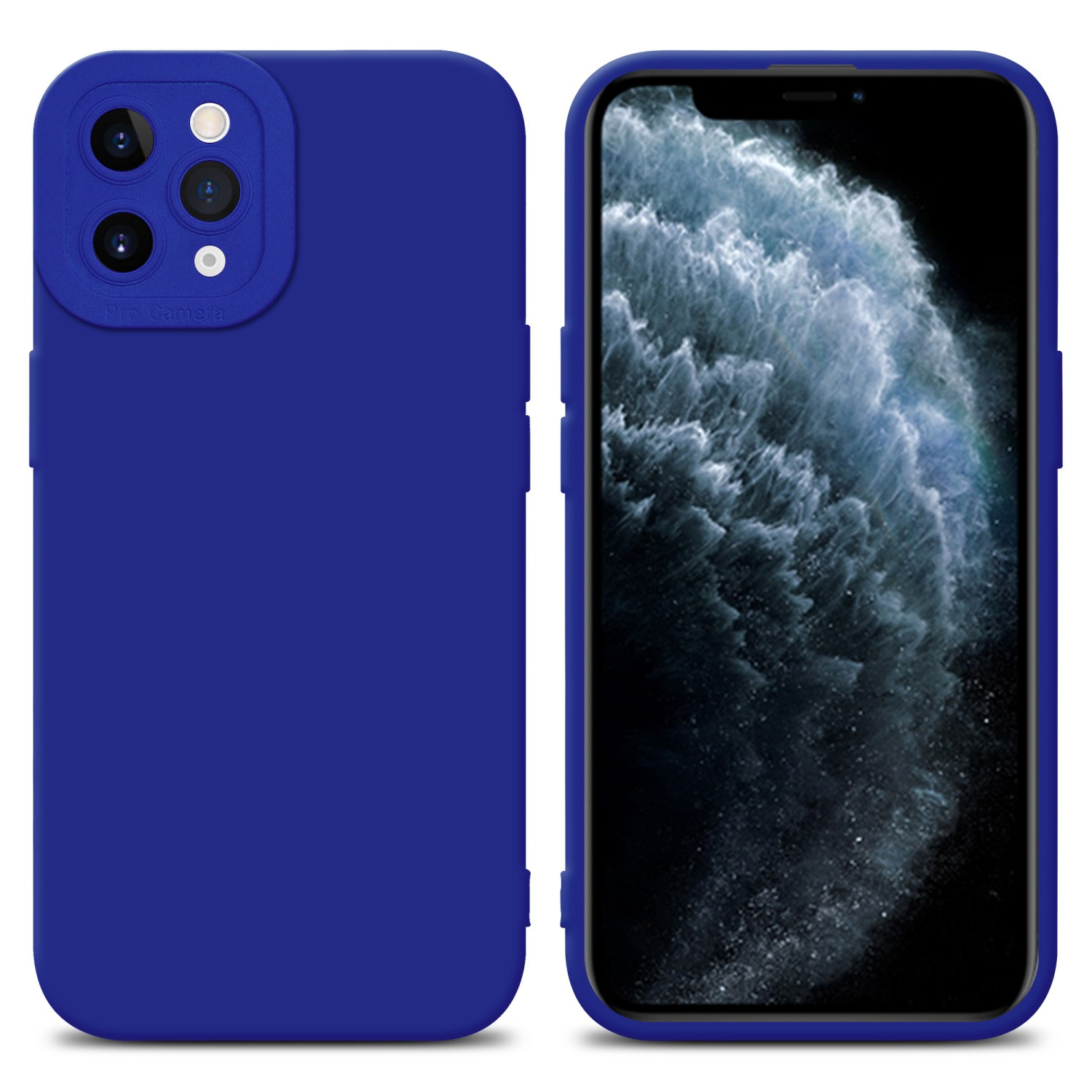 Due viste di una custodia blu per telefono. La custodia copre un telefono con schermo nero e gruppo fotocamere.