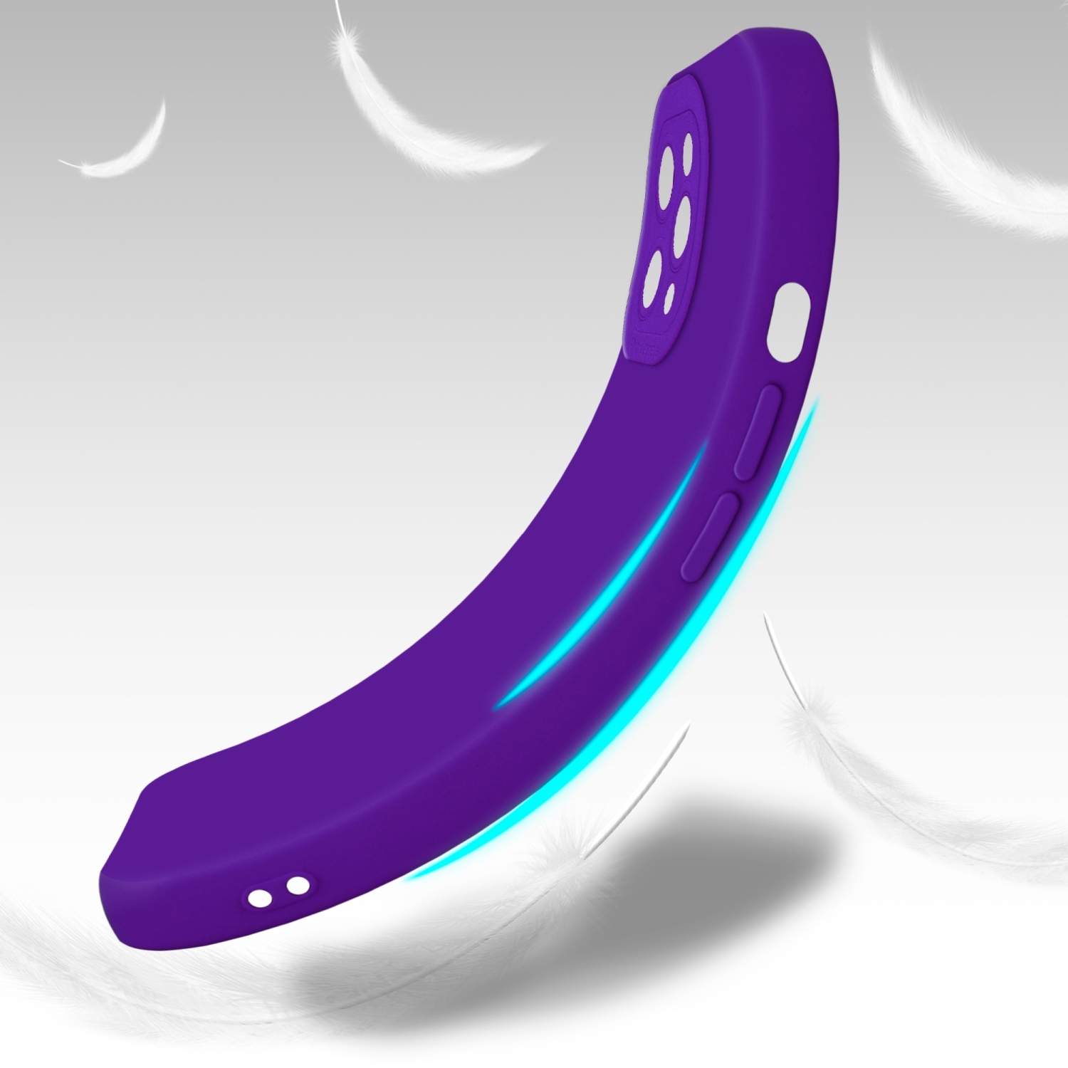 Custodia viola, forma curva, fluttuante con piume su sfondo grigio.
