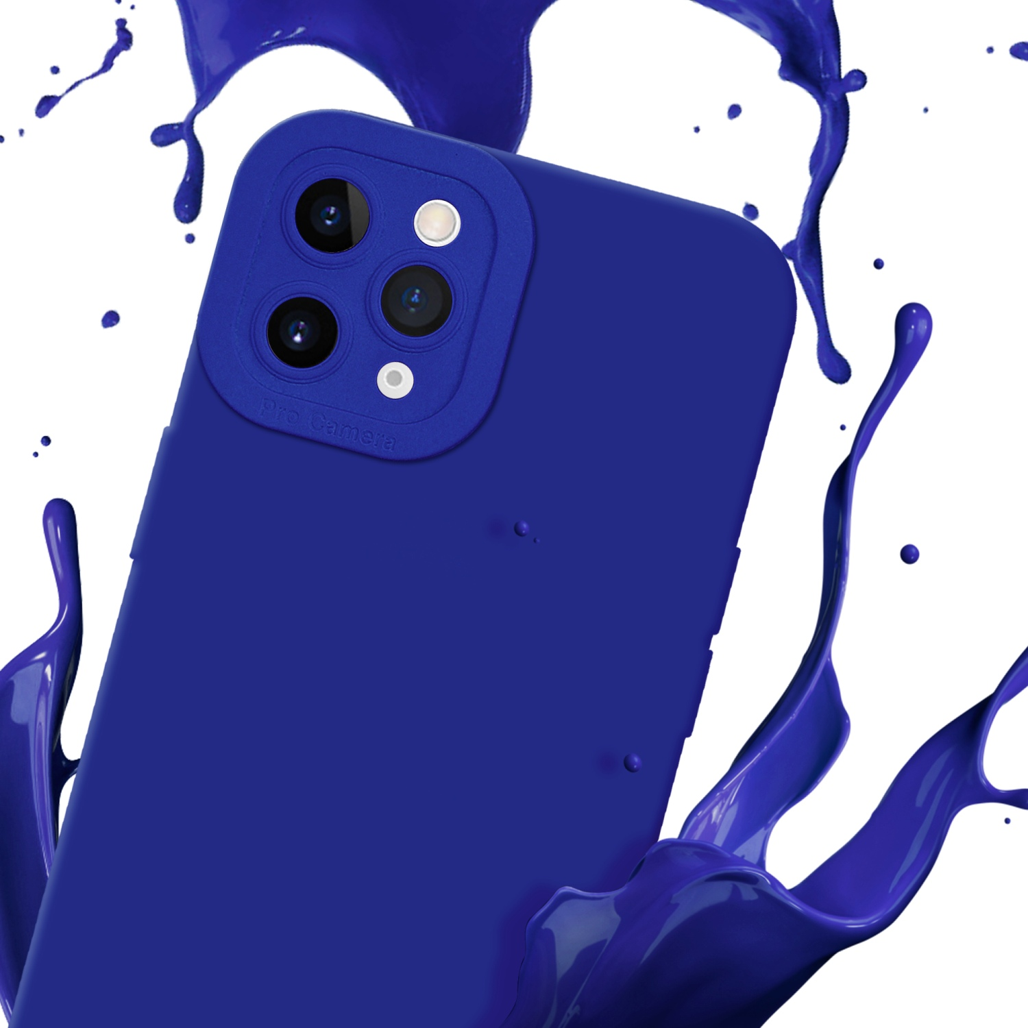 Una custodia per telefono blu con un rigonfiamento della fotocamera e uno spruzzo di vernice blu su sfondo bianco.