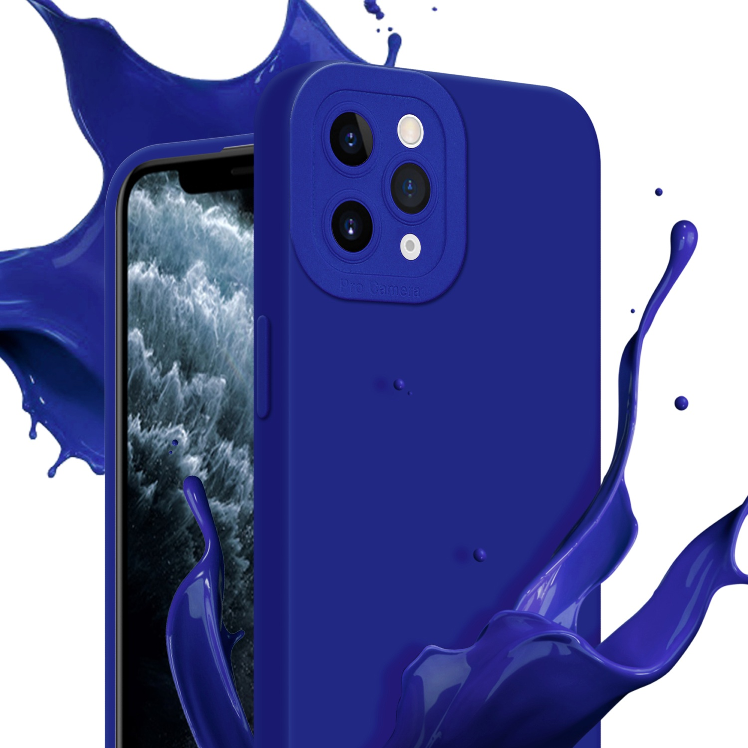 Custodia blu con tre fotocamere. Schizzo di vernice blu. Schermo del telefono visibile. Sfondo bianco.