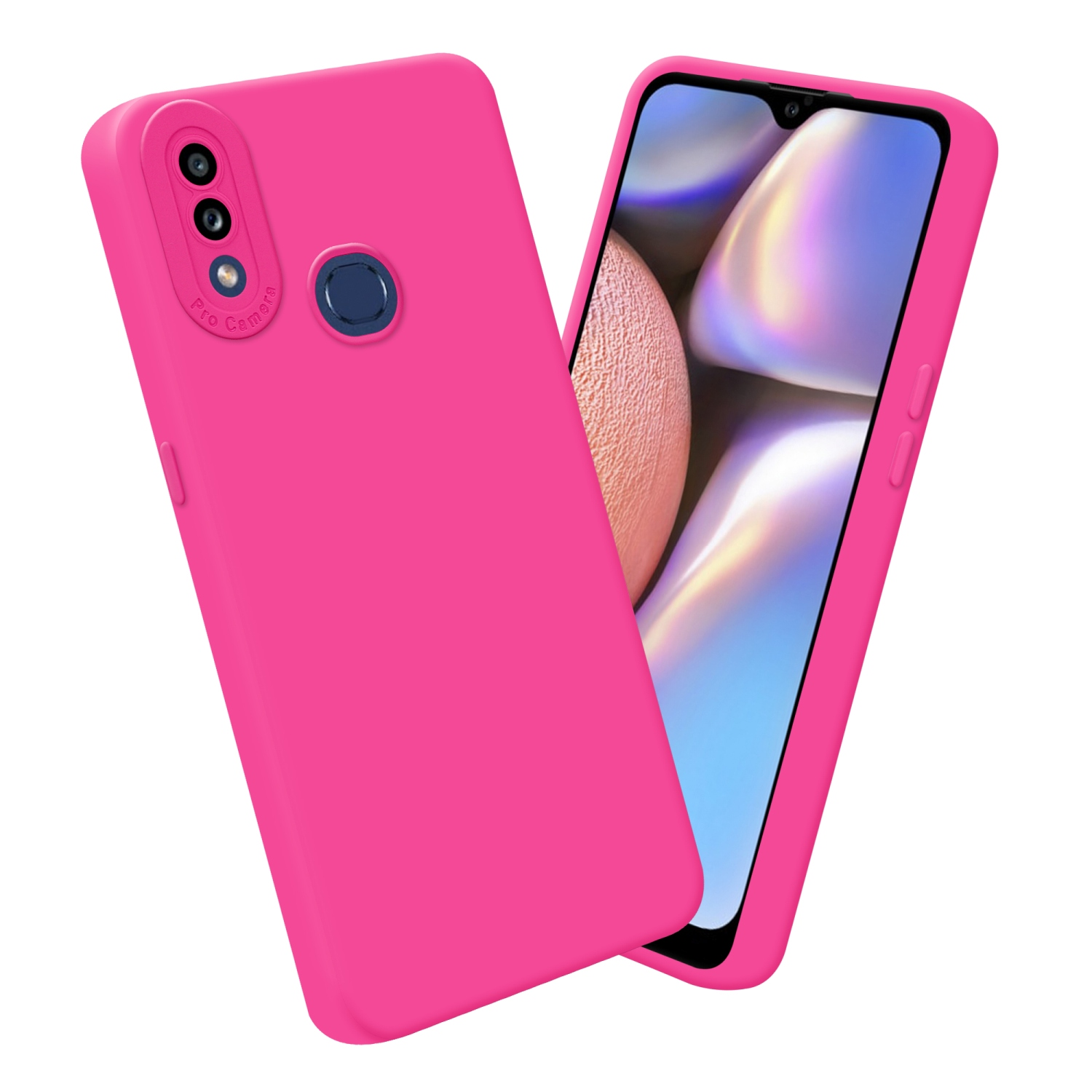 Custodia e telefono rosa. Entrambi sono visualizzati da un'angolazione su sfondo bianco.