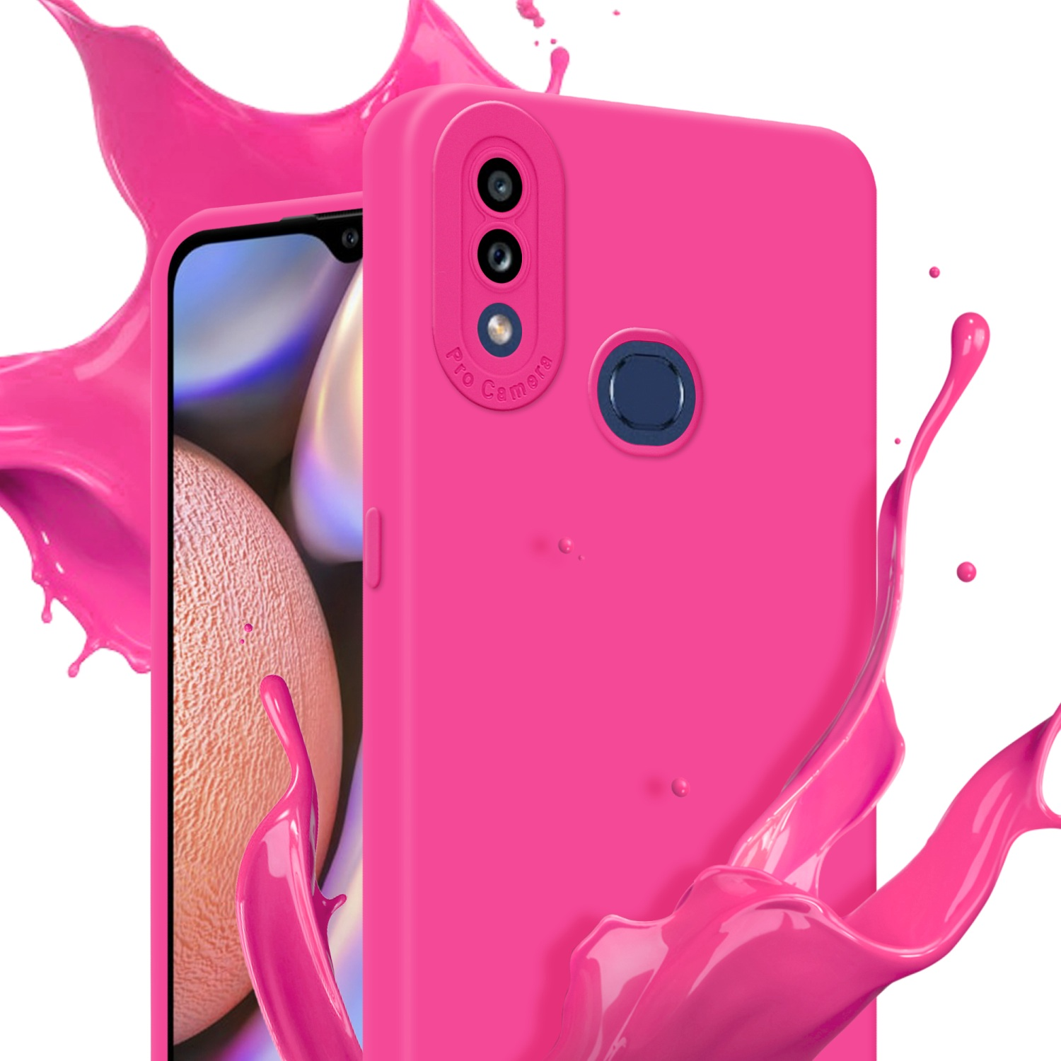 Custodia rosa con schizzo di liquido rosa e schermo del telefono con sfondo bianco.