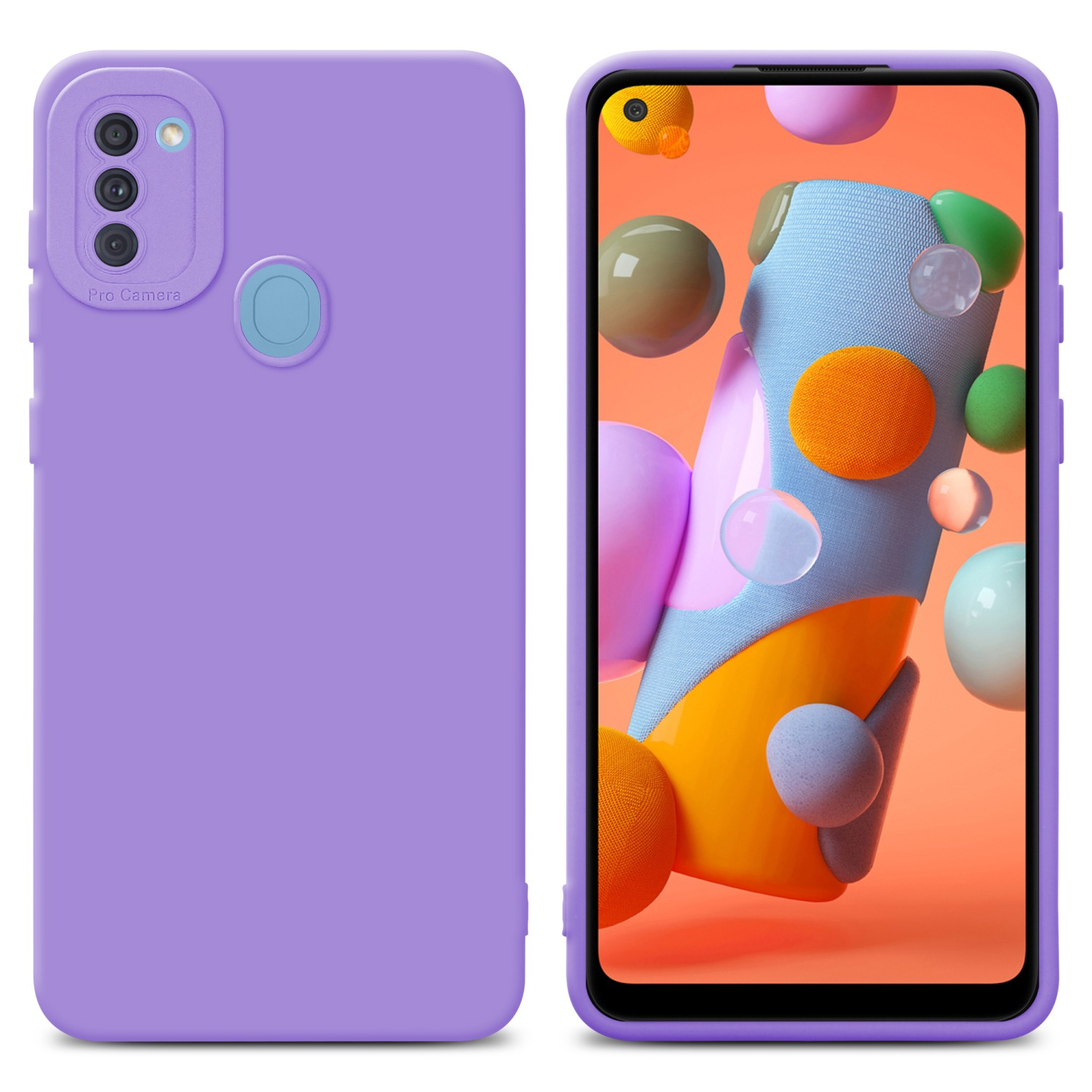 Due custodie per telefono color lavanda, una mostra uno schermo con oggetti colorati.