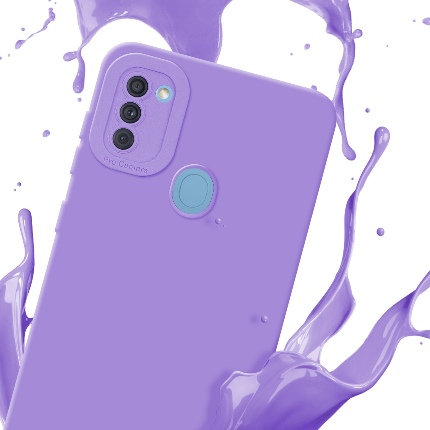 Custodia viola per telefono con tre lenti della fotocamera, con effetto schizzo di vernice viola.