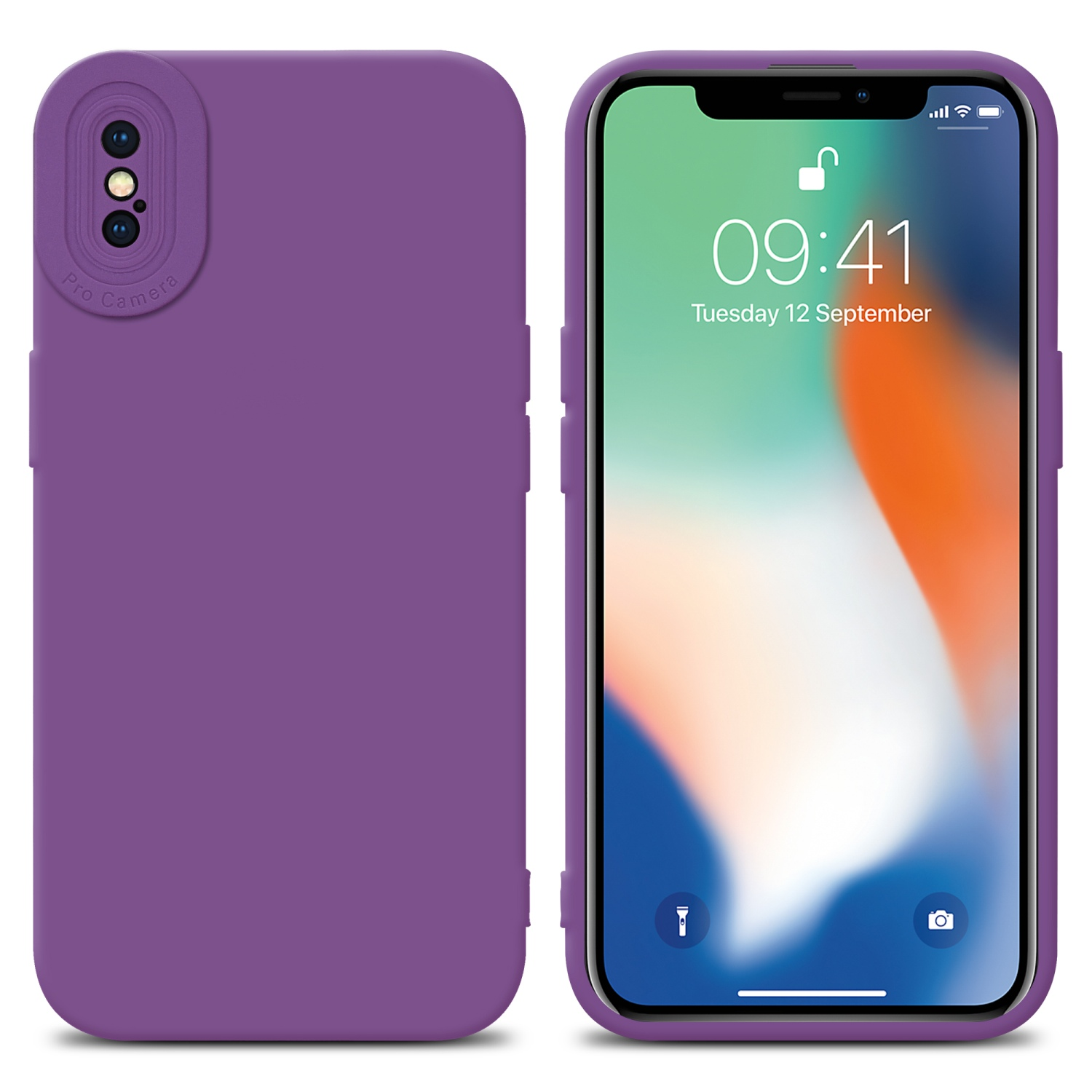 Custodia viola con telefono dentro, sfondo bianco.