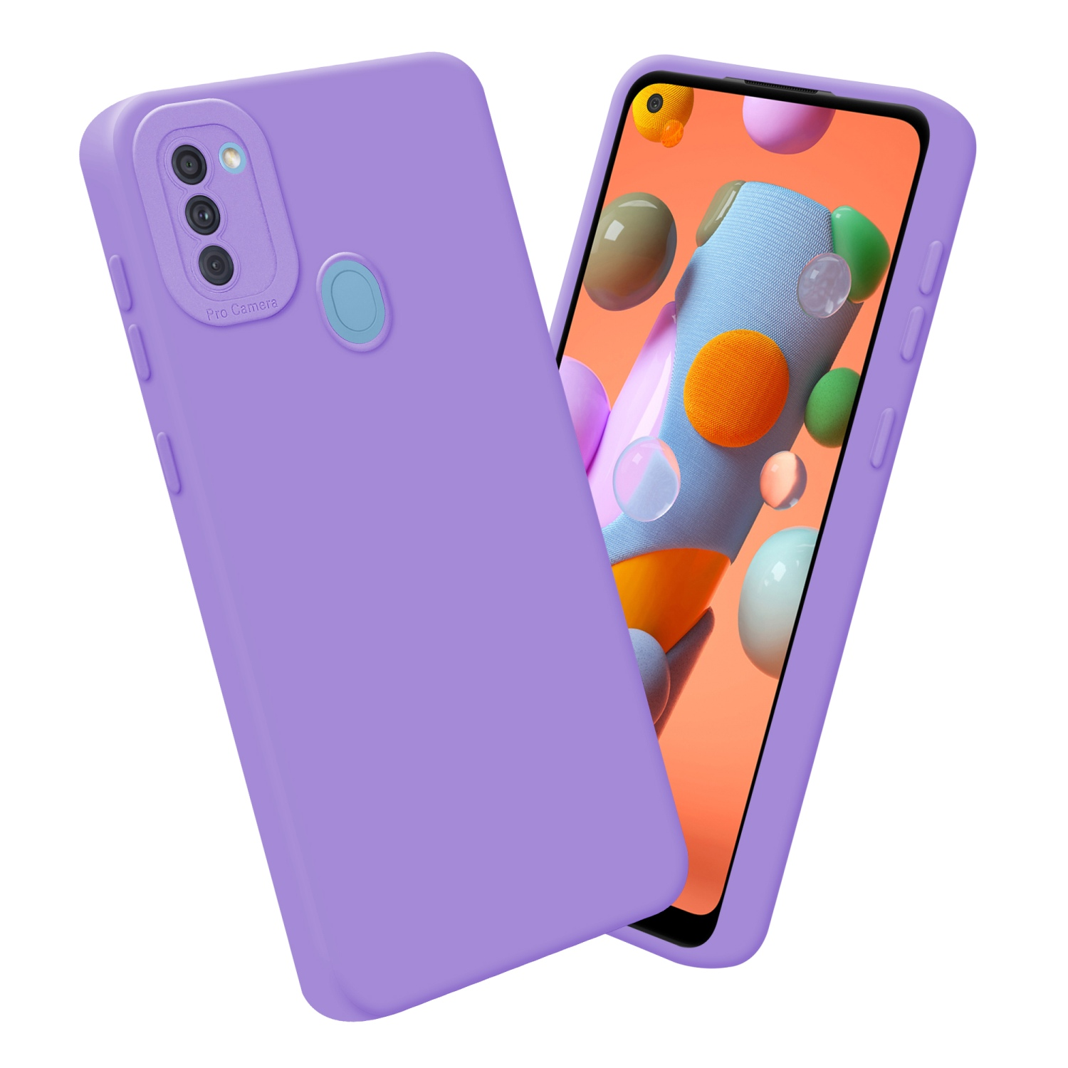 Custodie viola con un telefono all'interno. Entrambe le custodie hanno un ritaglio per la fotocamera.