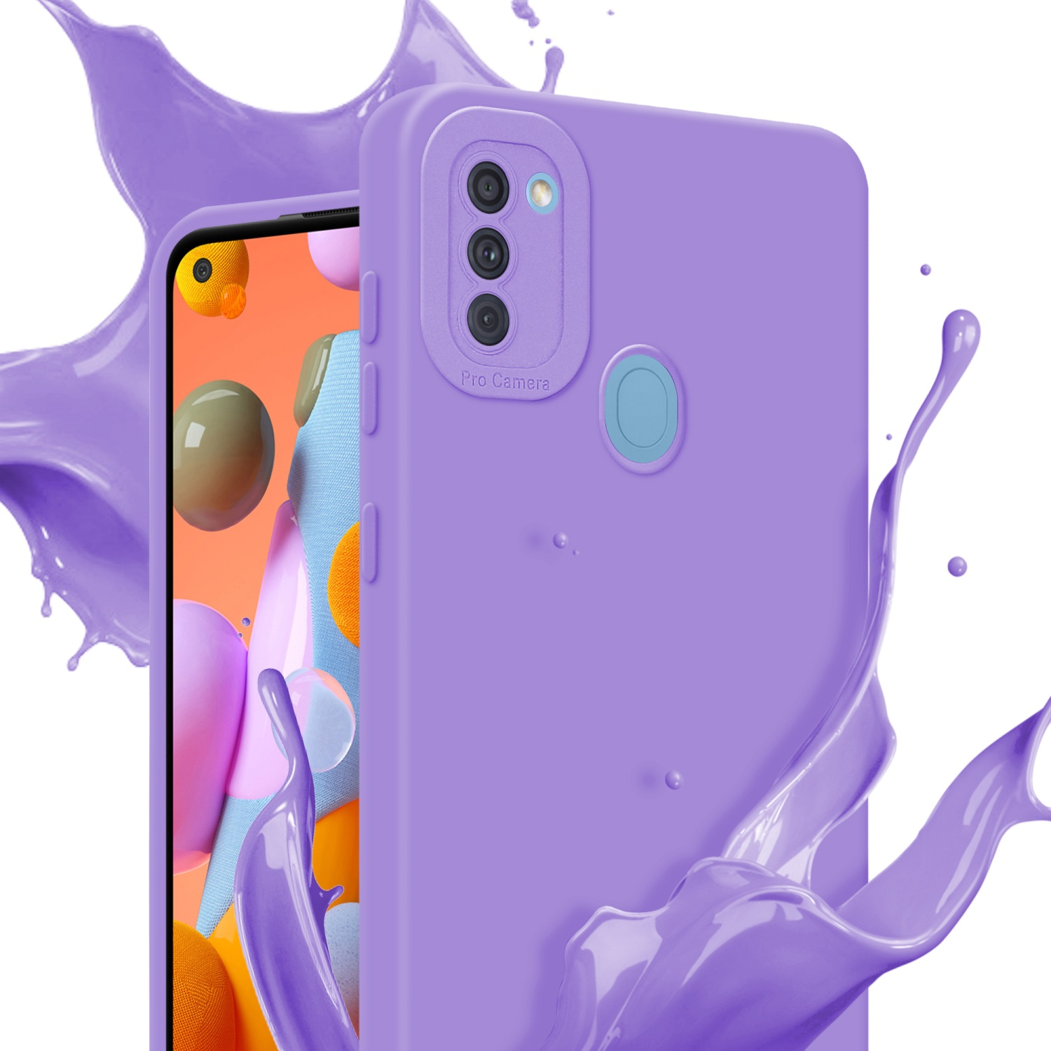 Una custodia viola per telefono con telefono. Schizzi di vernice viola sullo sfondo.