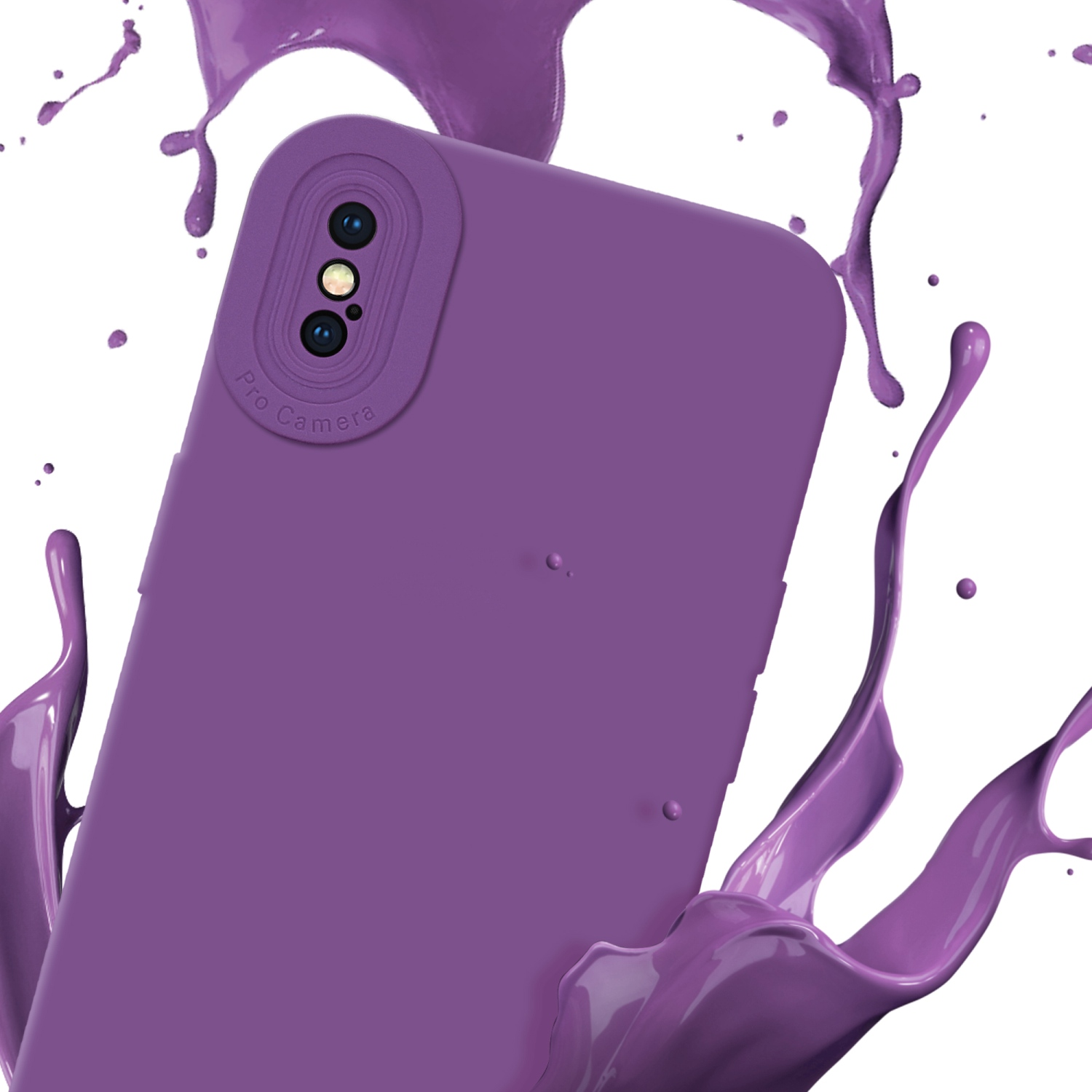 Una custodia viola per telefono con schizzi di vernice viola. Sfondo bianco. Primo piano.