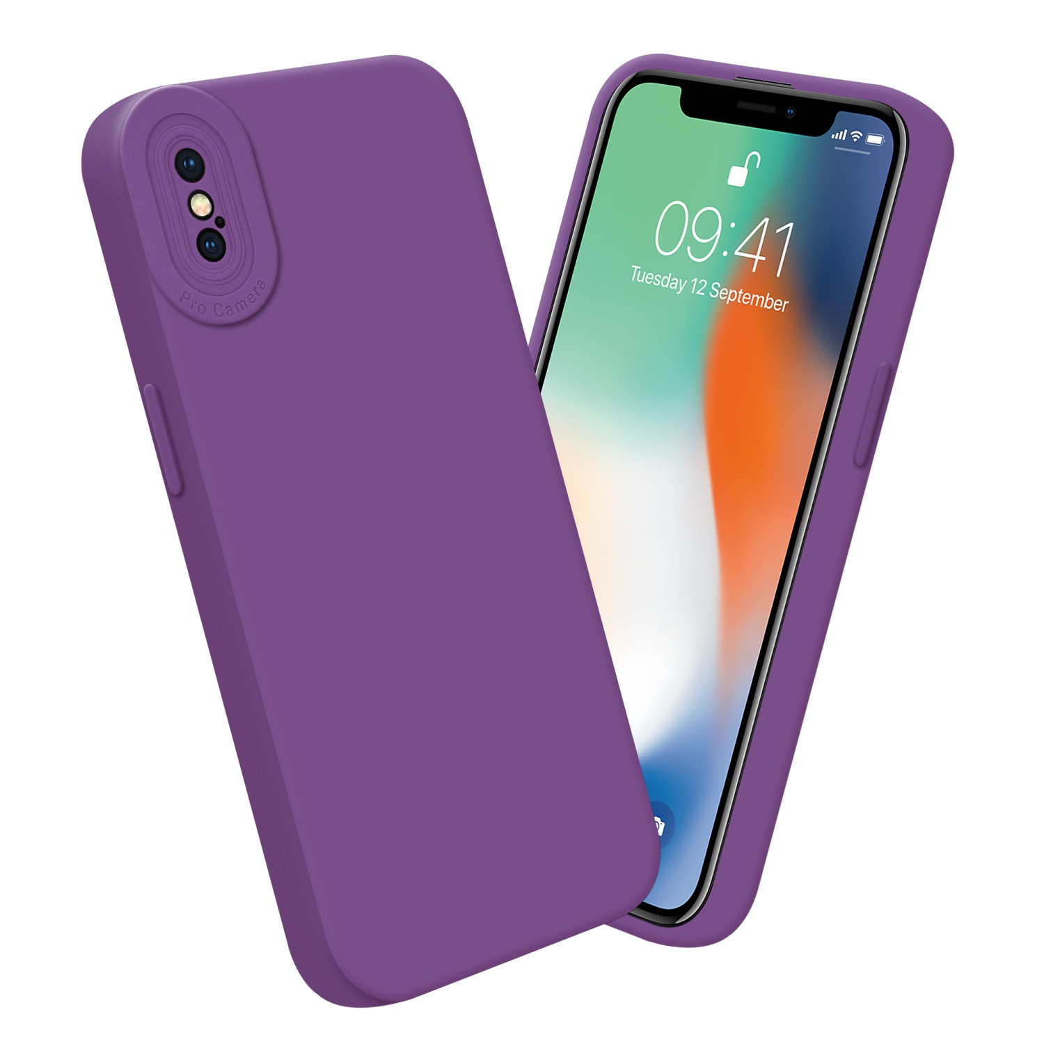 Custodie viola con modulo fotocamera e telefono con orario.