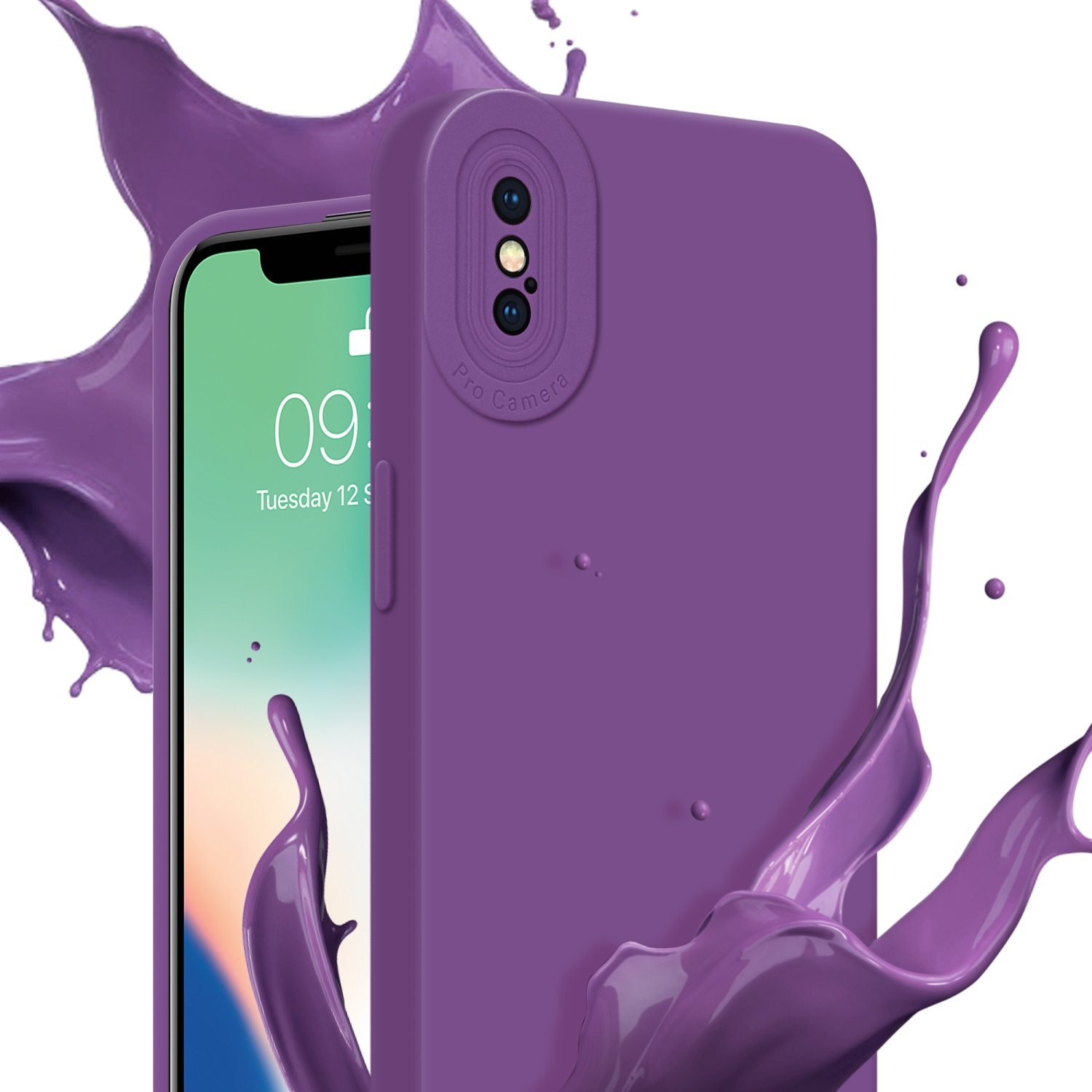 Custodia per telefono viola. Schizzi di vernice viola. Interfaccia verde sullo schermo. Sfondo bianco.