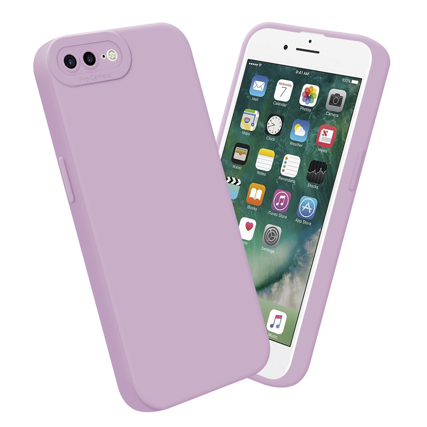 Due custodie per telefono viola chiaro, una a sinistra e l'altra con uno schermo del telefono a destra.