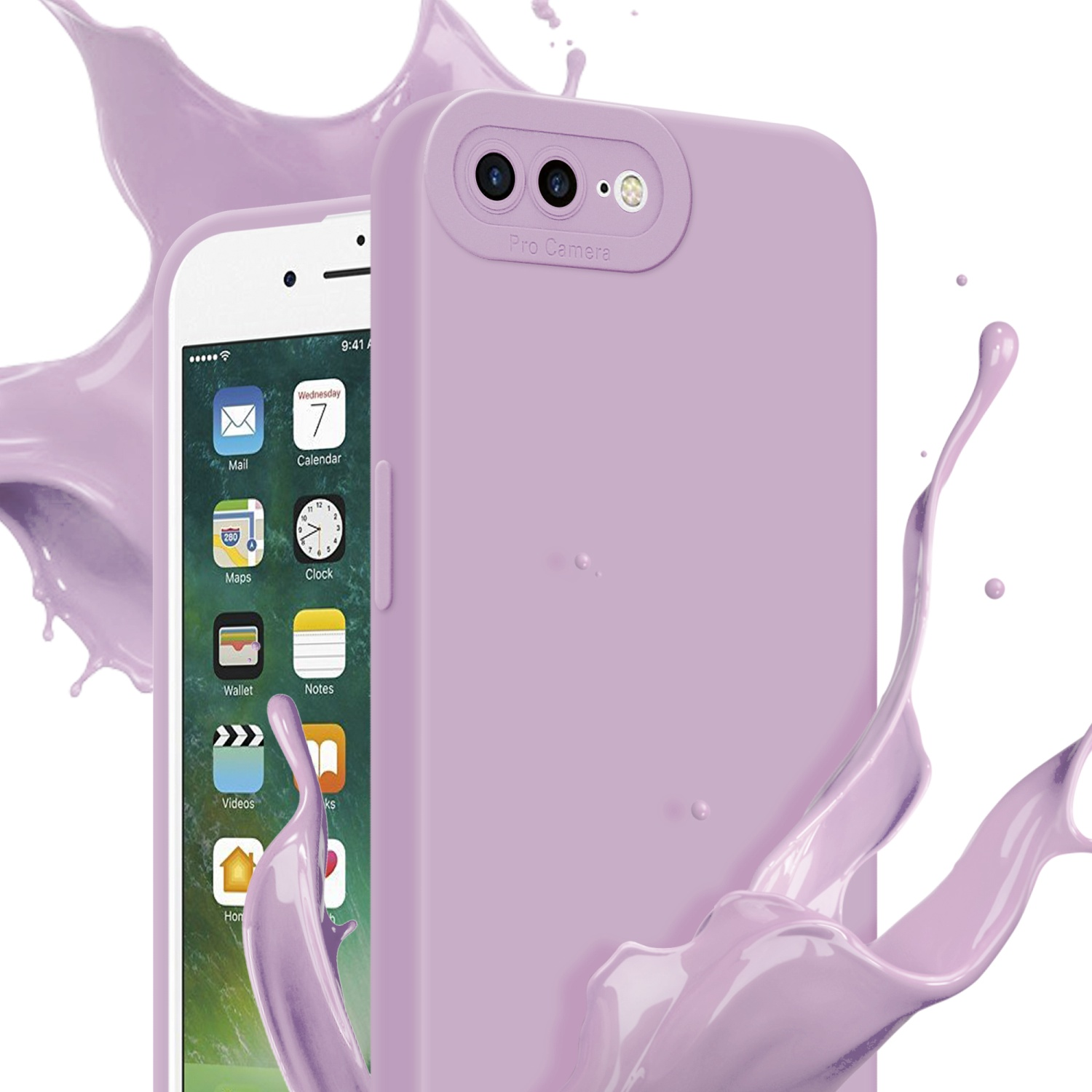 Telefono con custodia lavanda e spruzzo. Il telefono mostra la schermata iniziale.