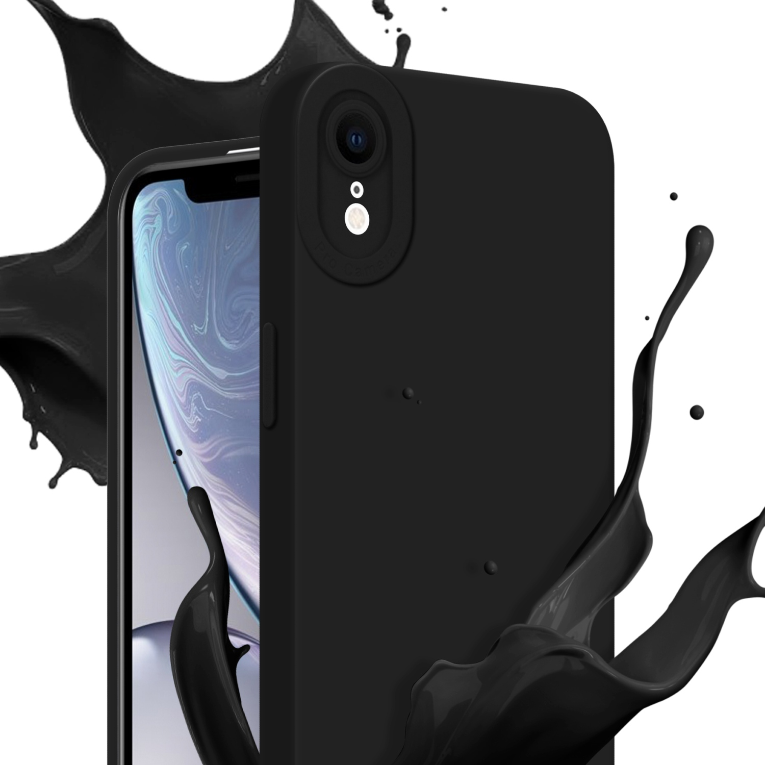 Custodia nera con schermo del telefono. Schizzo di liquido nero attorno al telefono.